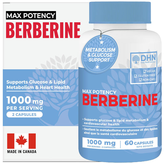 Berberine Supplement HCL 1000mg (2 x 500mg Vegan Capsules) | High Potency Berberine Supports Glucose, Fat Metabolism & Heart Health | Third Party Tested for Potency & Purity | Canadian Made, Quality Assured 🍁 All In One Marketplace Canada
