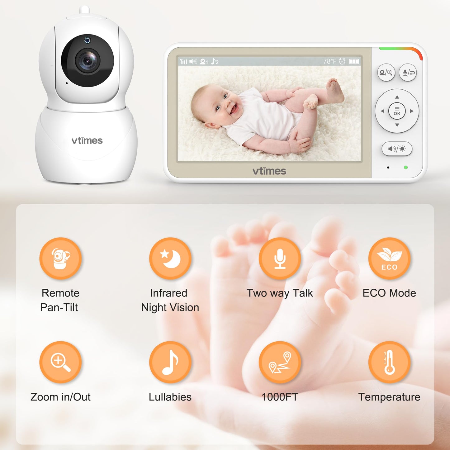 VTimes Baby Monitor No WiFi, 5" Screen Video Baby Monitor with 32Hr Battery, Pan-Tilt-Zoom Camera, VOX Mode, Two-Way Audio, Night Vision, Temperature Display, Lullabies, 1000ft Long Range 🍁 All In One Marketplace Canada