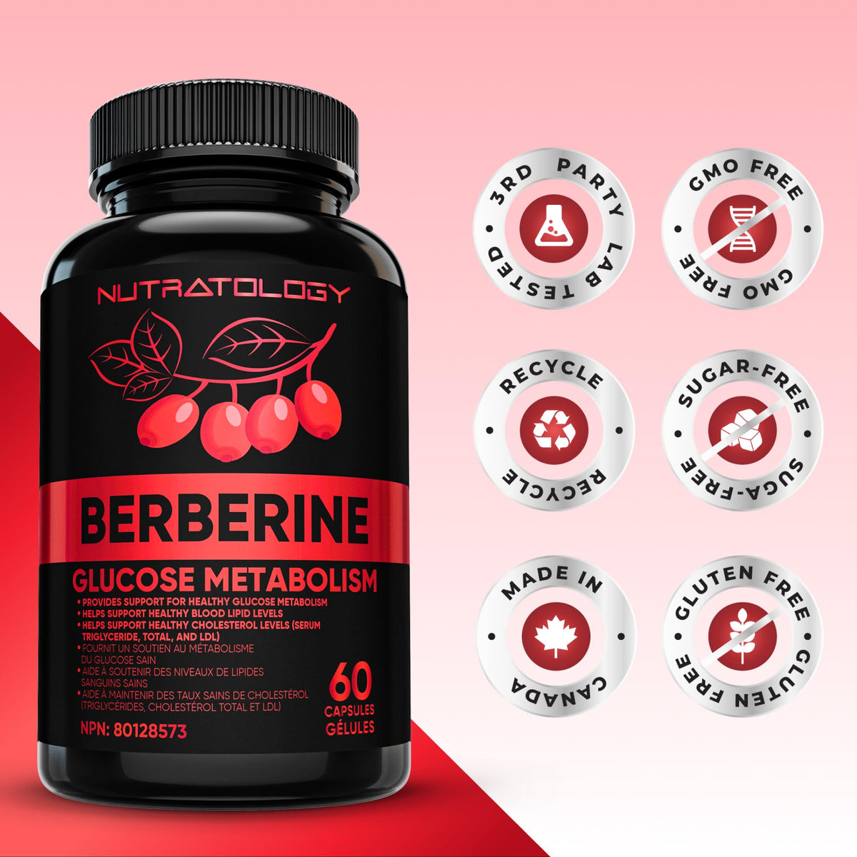 Nutratology® Berberine Supplement | Canadian-Made | Max Potency 500MG Per Capsule - Supports Glucose Metabolism & Healthy Blood Sugar Levels Through Efficient Metabolism Of Sugar & Fats - 60 Capsules 🍁 All In One Marketplace Canada