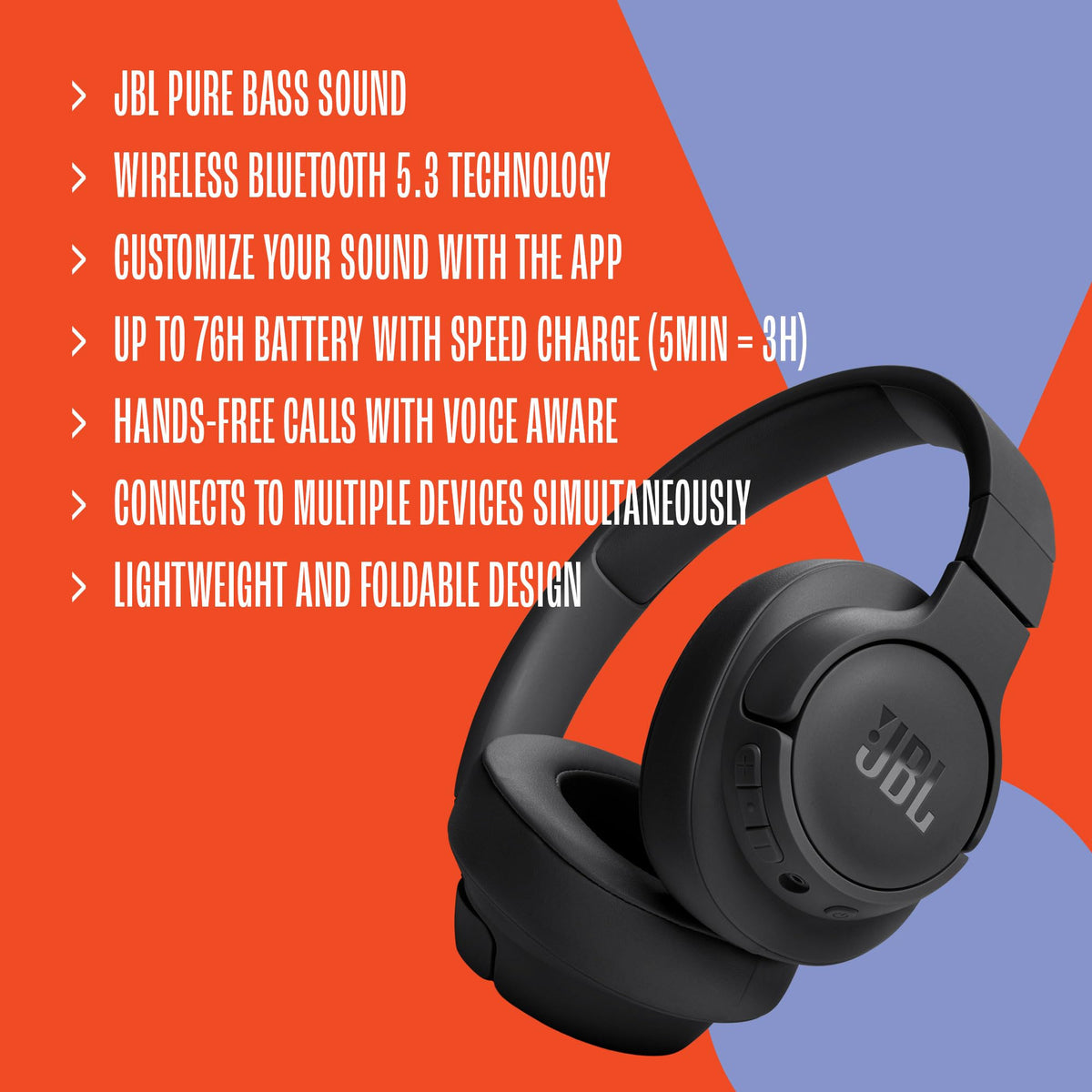 JBL Tune 720BT - Wireless Over-Ear Headphones with JBL Pure Bass Sound, Bluetooth 5.3, Up to 76H Battery Life and Speed Charge, Lightweight, Comfortable and Foldable Design (Lavender) 🍁 All In One Marketplace Canada