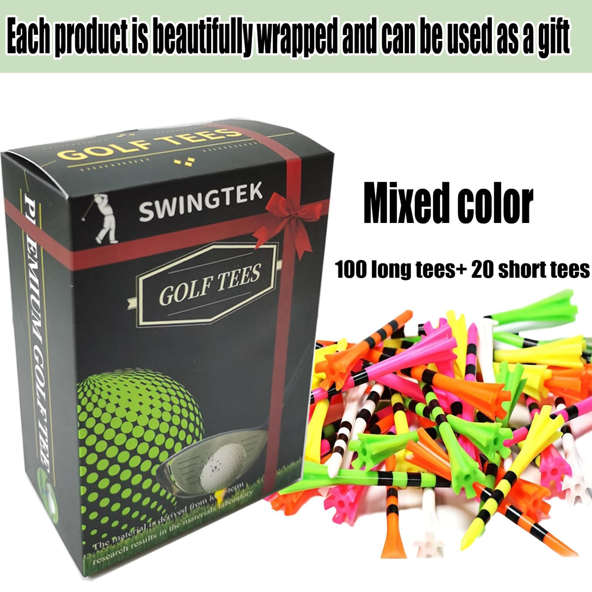SWINGTEK 120 Pack Plastic Golf Tees,Contain 100 pcs 3-1/4 Inch Unbreakable Long Tees and 20 Short Tees,Mixed Color,Frictional Resistance Reduction 🍁 All In One Marketplace Canada