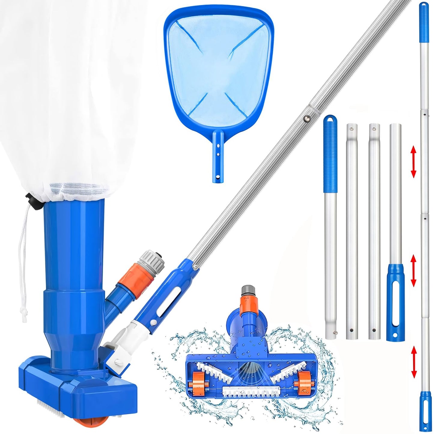 60" Portable Pool Vacuum Jet Underwater Cleaner and Leaf Skimmer Net (No Garden Hose Included), 4 Section Pole of Hand Held Portable Vacuum Pool Cleaner for Above Ground Pool Spa Pond Fountain Hot Tub 🍁 All In One Marketplace Canada
