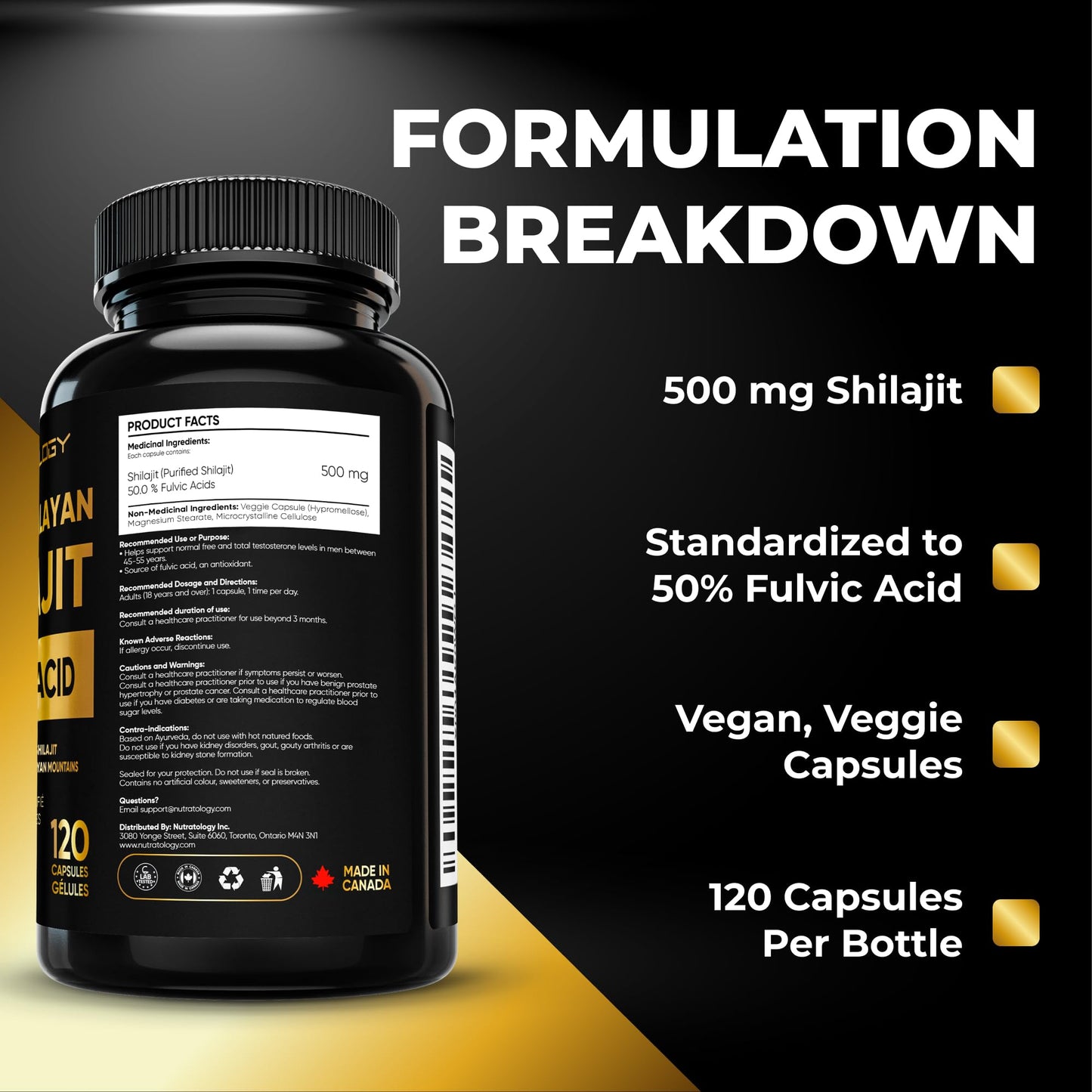 Nutratology® Pure Shilajit Capsules | 50% Fulvic Acid | High Potency & Purity - Sourced from the Himalayan Mountains - Shilajit for Men & Women - 120 Count 🍁 All In One Marketplace Canada