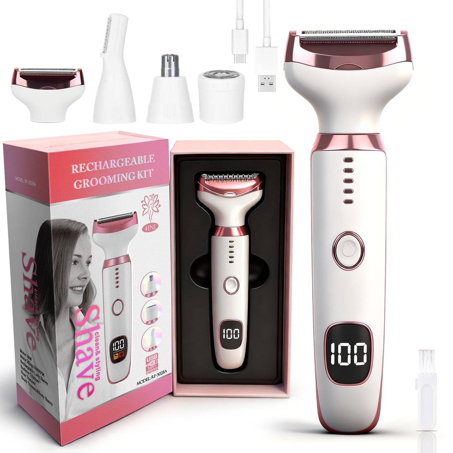 Beanify Electric Razor for Women Men,4 in 1 LED Display Ladies Wet & Dry Body Razors and Facial Hair Remover, Rechargeable Painless Hair Removal Kit for Nose Face Body Leg Bikini Arm Hair (Pink) 🍁 All In One Marketplace Canada