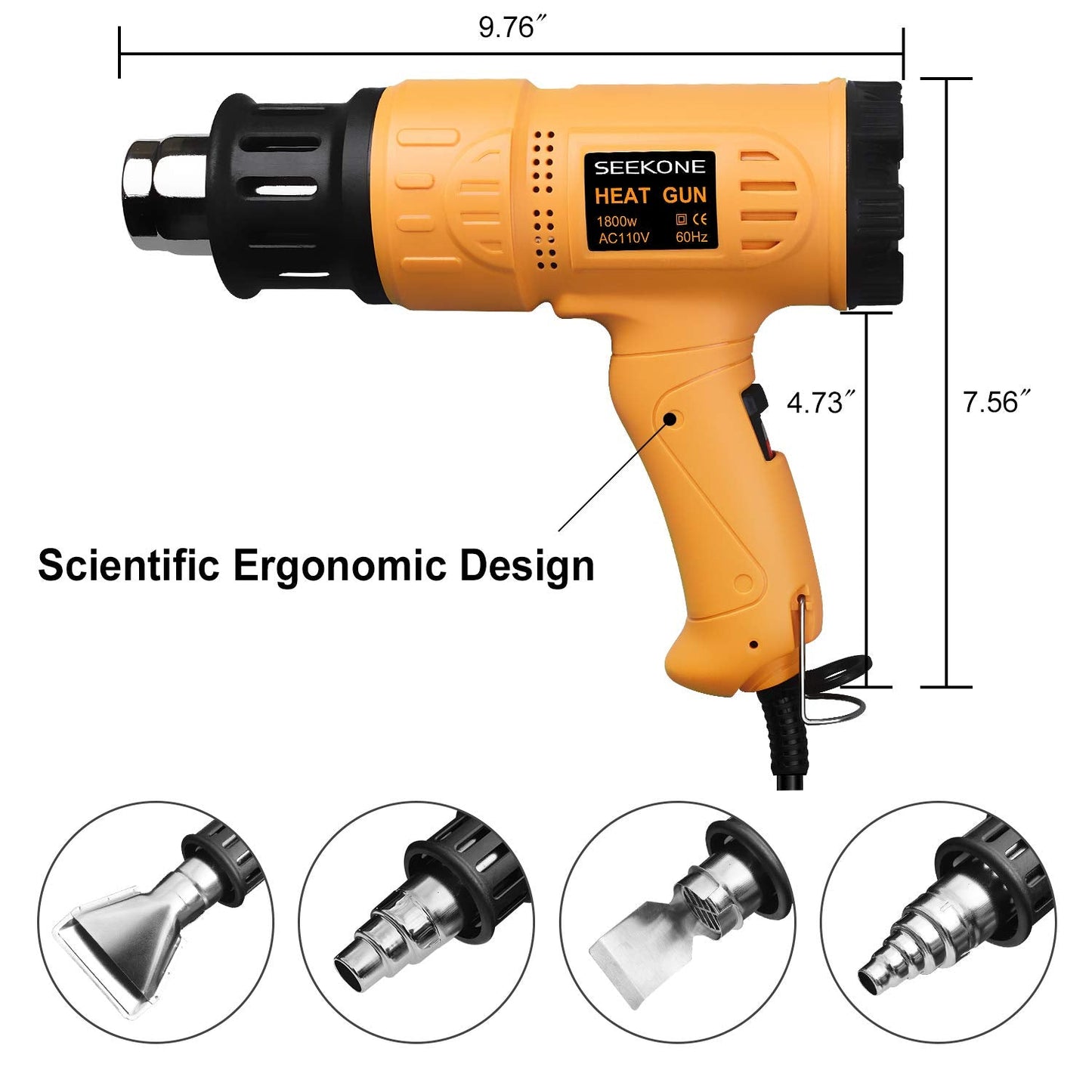 SEEKONE Heat Gun 1800W 122℉-1202℉（50℃- 650℃）Fast Heating Heavy Duty Hot Air Gun Kit Variable Temperature Control Overheat Protection with 4 Nozzles for Crafts, Shrinking PVC, Stripping Paint(5.2FT) 🍁 All In One Marketplace Canada