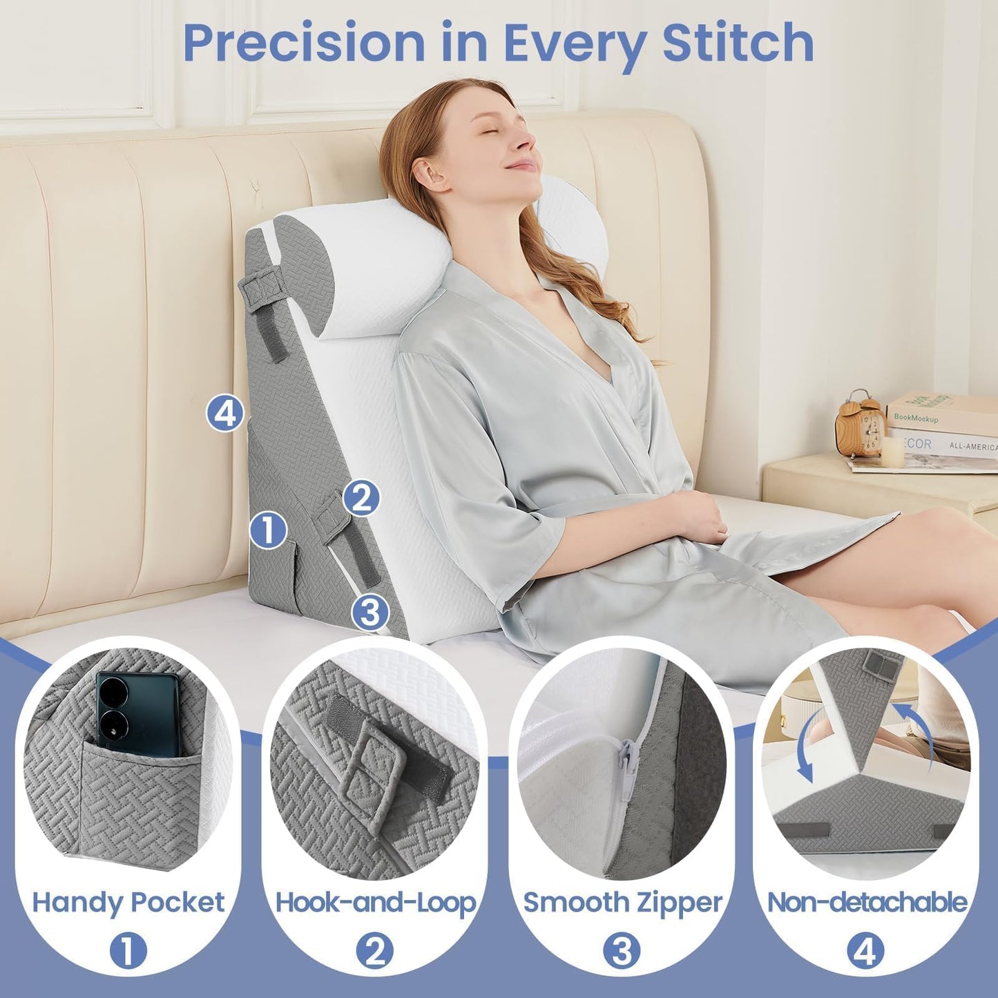 Sasttie Wedge Pillows for Adult, 2PCS Adjustable Bed Wedge Pillow for Post Surgery, Triangle Pillow Headboard with Bolster Cushion for Sleeping, Acid Reflux, Neck & Back Support, White and Dark Grey 🍁 All In One Marketplace Canada