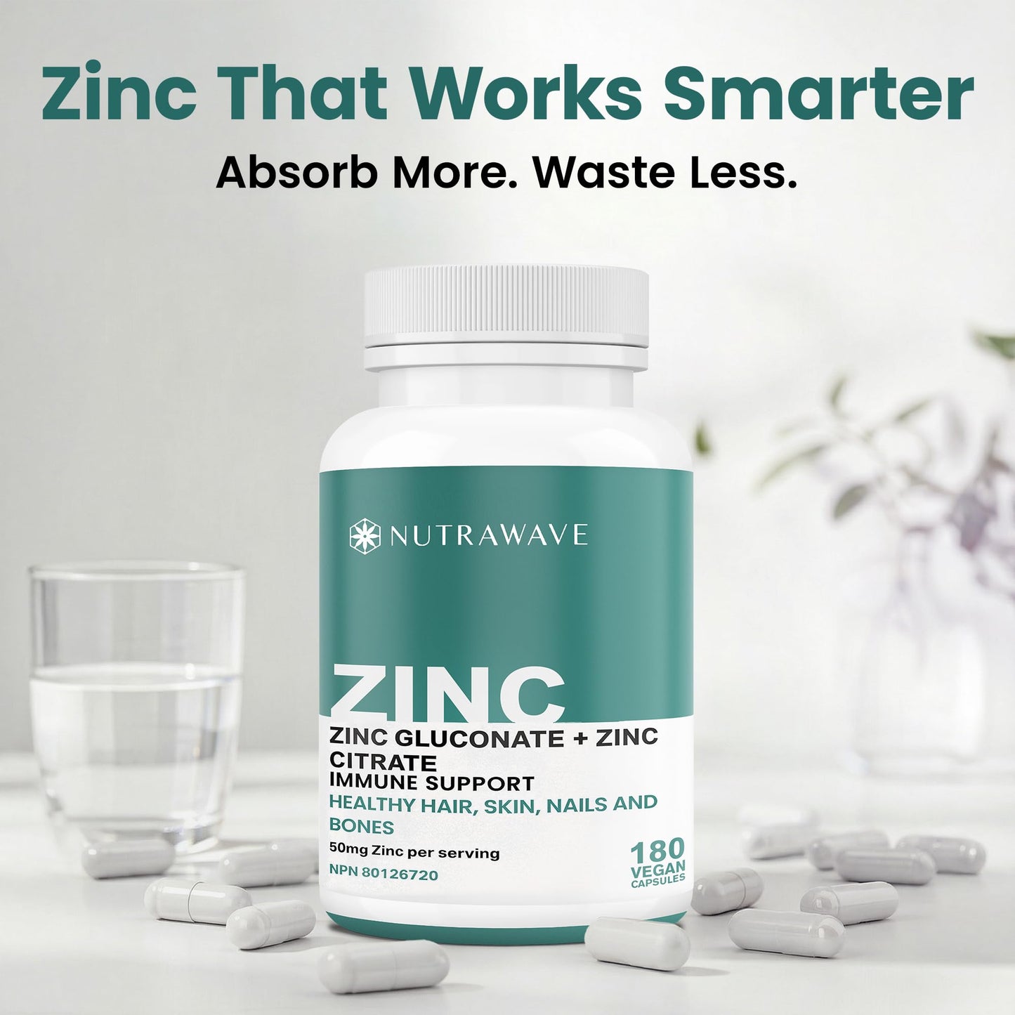 Nutrawave 2-IN-1 Zinc Supplements, High Absorption Formula 50 mg Zinc Gluconate + Zinc Citrate Chelated Stomach-Friendly Immune Booster, Healthy Skin, Hair, Nails & Bones, For Men & Women, Vegan, 6-Month Supply 🍁 All In One Marketplace Canada