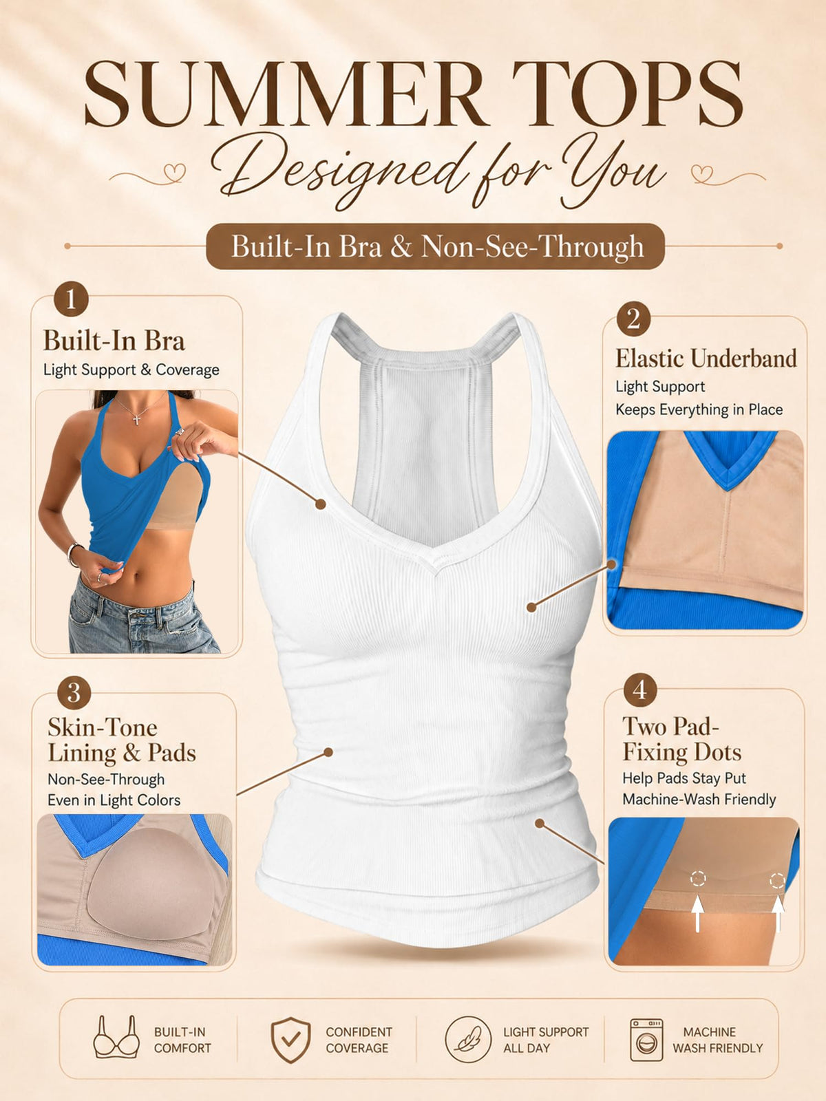 Danysu V Neck Cotton Tank Tops with Built-in Shelf Bra Sleeveless Racerback Fitted Basic Cami Shirts Bright White M 🍁 All In One Marketplace Canada
