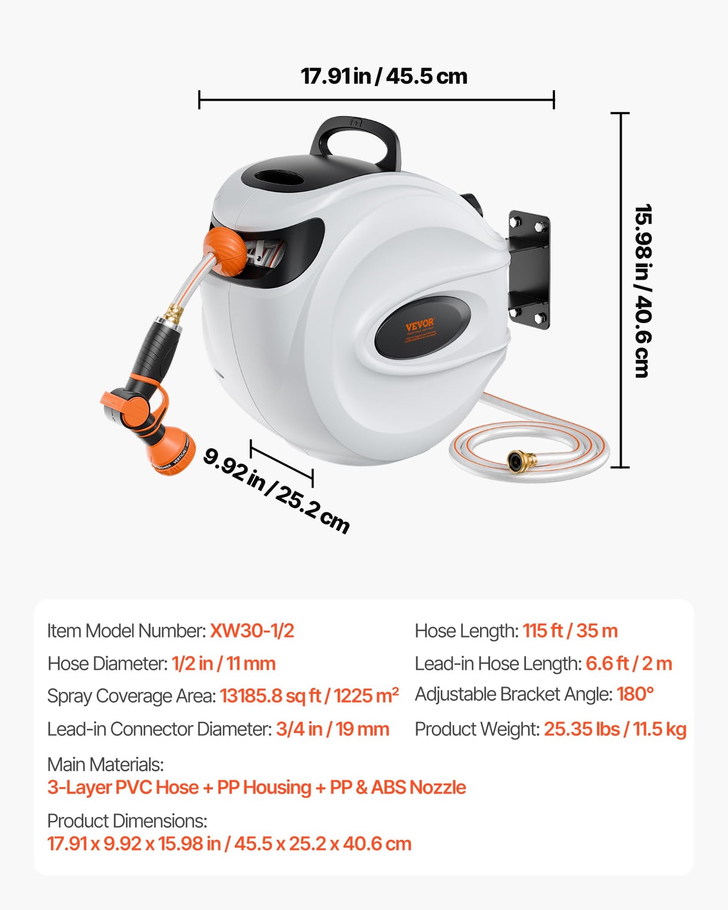 VEVOR Retractable Hose Reel, 115 ft x 1/2 inch, 180° Swivel Bracket Wall-Mounted, Garden Water Hose Reel with 9-Pattern Nozzle, Automatic Rewind, Lock at Any Length, and Slow Return System 🍁 All In One Marketplace Canada