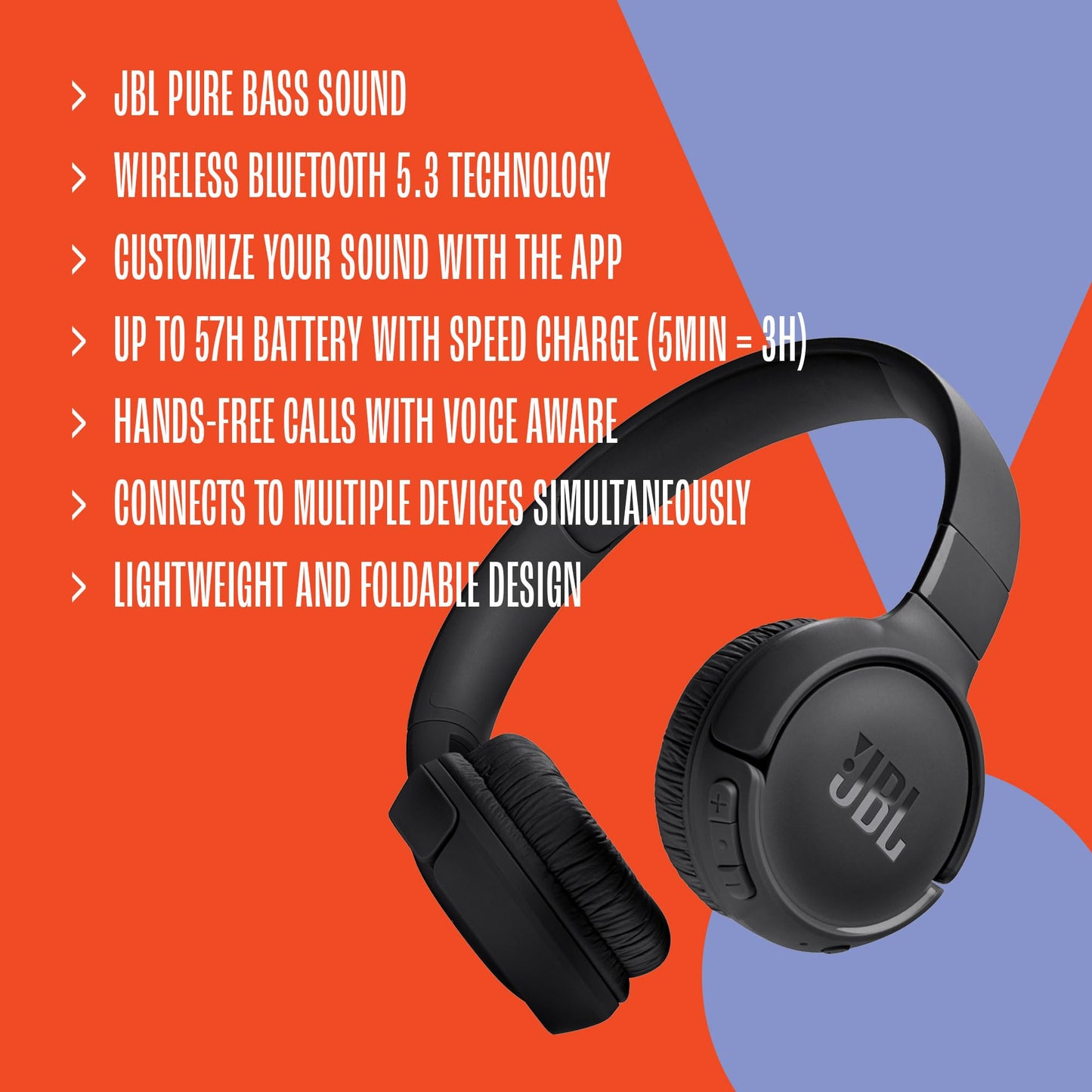 JBL Tune 520BT - Wireless On-Ear Headphones, Up to 57H Battery Life and Speed Charge, Lightweight, Comfortable and Foldable Design, Hands-Free Calls with Voice Aware (Black) 🍁 All In One Marketplace Canada