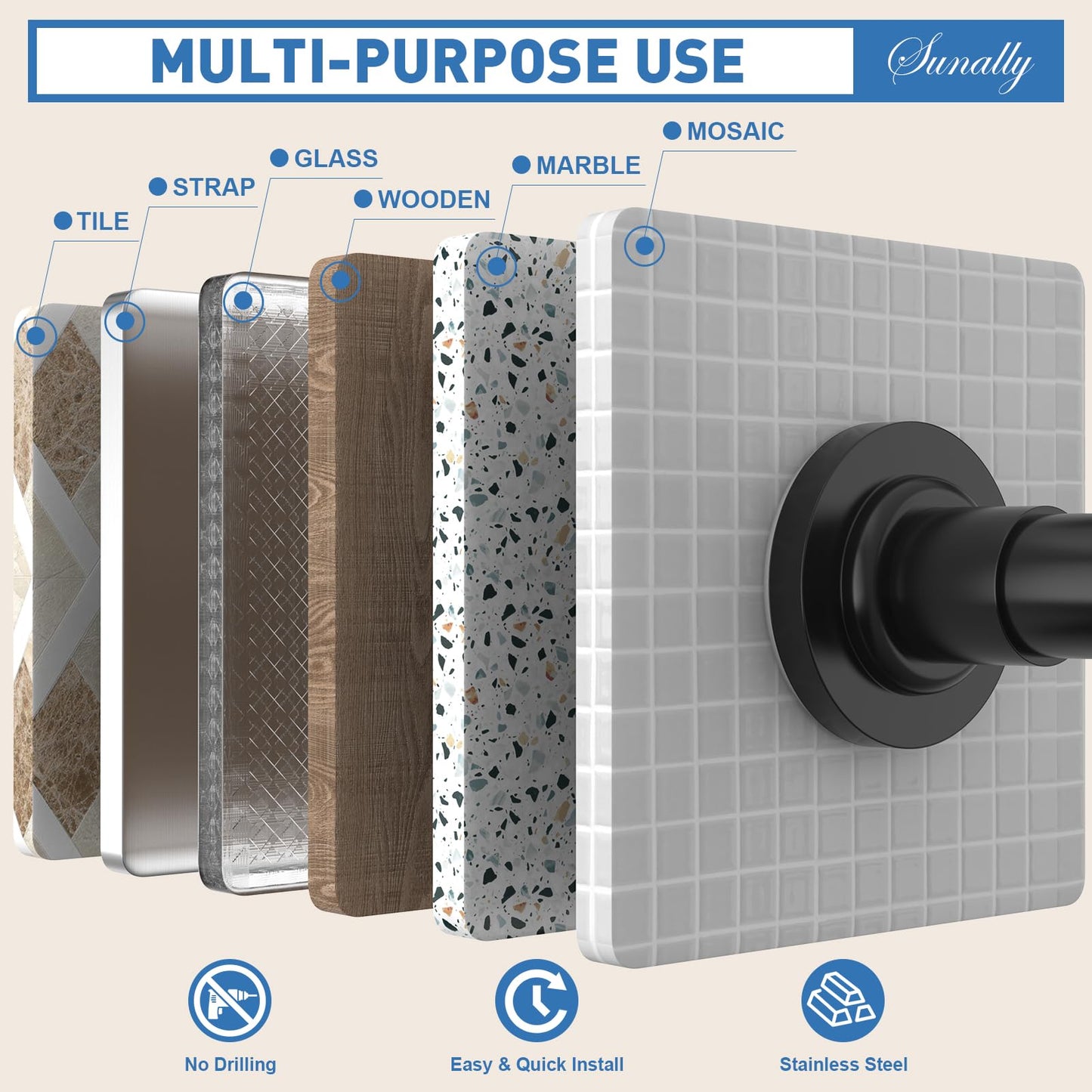 SUNALLY Shower Curtain Rod Adjustable 32-75 Inch, Spring Tension Shower Pole Rods Extendable Stainless Steel Telescoping Curtain Rod for Bathroom Windows Closet, No Drilling, No Slip, No Rust, Black 🍁 All In One Marketplace Canada