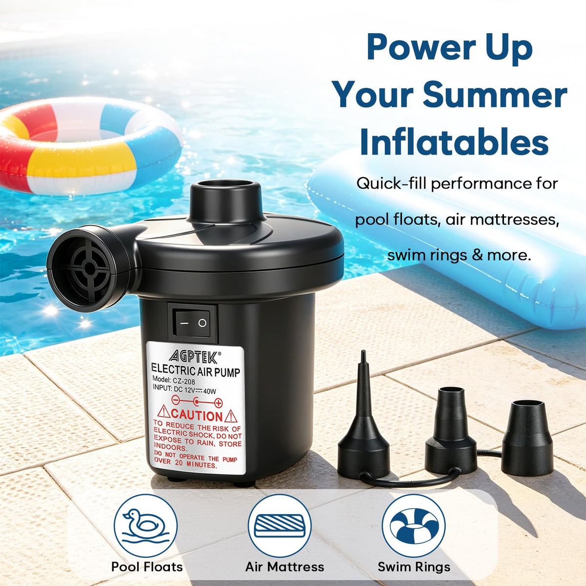 Electric Air Pump, AGPtEK Portable Quick-Fill Air Pump with 3 Nozzles, 4500 Pa 110V AC/12V DC, Perfect Inflator/Deflator Pumps for Outdoor Camping, Inflatable Cushions, Air Mattress Bed, Swimming Ring 🍁 All In One Marketplace Canada