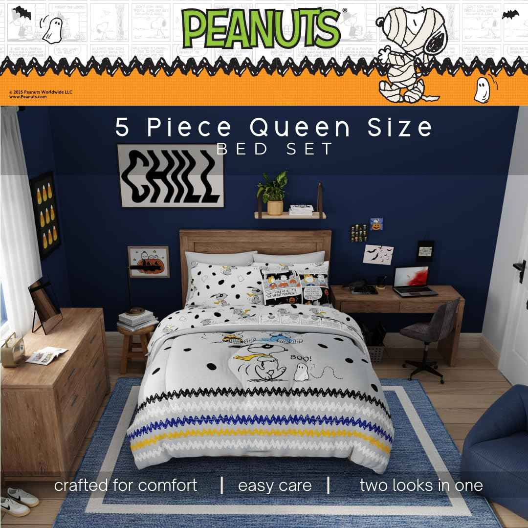 Peanuts Halloween Queen Bed Set – Super Soft & Cozy 5 Piece Reversible Comforter and Sheet Set Featuring Snoopy & Charlie Brown, (Official Peanuts® Product) by Franco