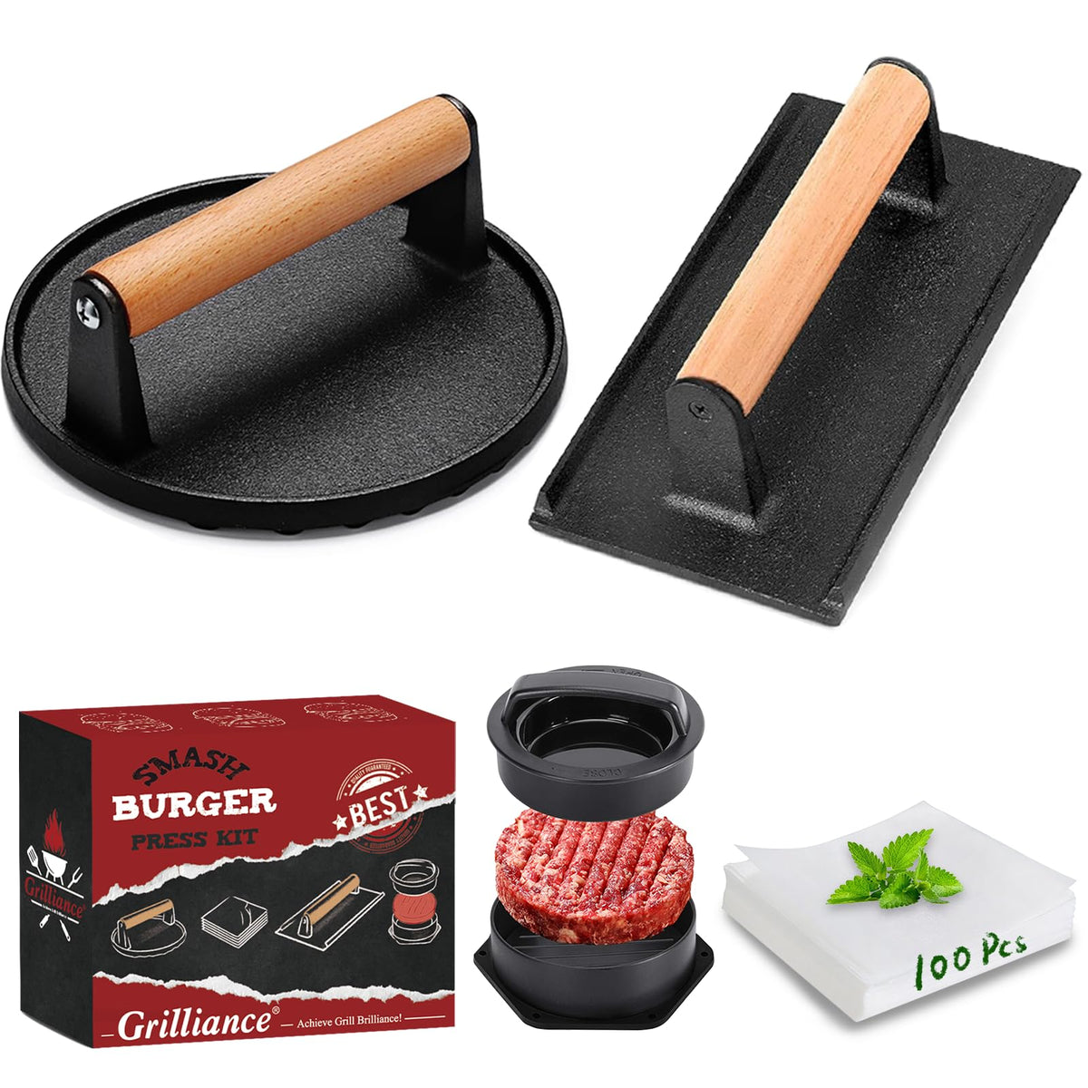 Grilliance 5pcs Smash Burger Press Kit, 3 in 1 Hamburger Press Patty Maker, Cast Iron Burger Press Round & Rectangle, 100pcs Wax Paper for Grill, Griddle, Flat top, Kitchen, Cooking 🍁 All In One Marketplace Canada