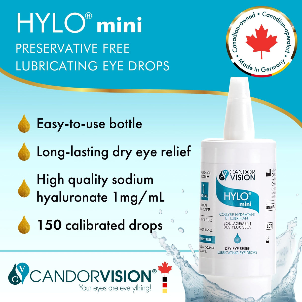 CandorVision HYLO® mini Preservative-Free Lubricating Eye Drops (150 Drops, 5ml), Immediate Long-lasting Dry Eye Relief, High Quality Sodium Hyaluronate, 6-Month Sterility, Contact Lens Compatible 🍁 All In One Marketplace Canada