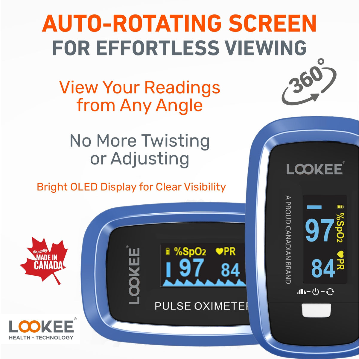 LOOKEE LK50D1 Deluxe Fingertip Pulse Oximeter | Proudly Canadian Finger SpO2 Blood Oxygen Monitor with Auto Rotate OLED Display, Plethysmograph & Pulse Graph | Blue 🍁 All In One Marketplace Canada