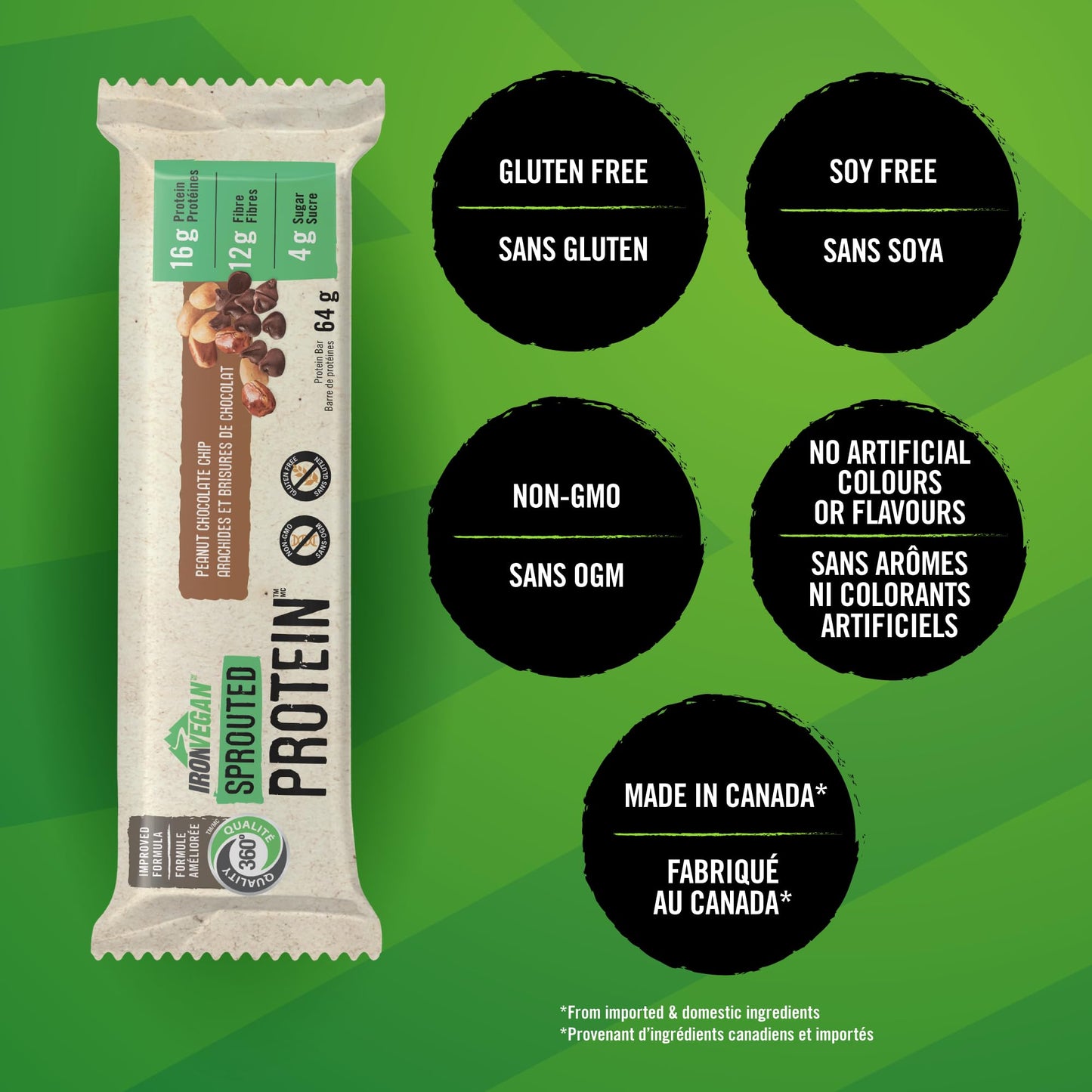 Iron Vegan Sprouted Protein Bars | Peanut Chocolate Chip Flavour | 12 Pack 🍁 All In One Marketplace Canada
