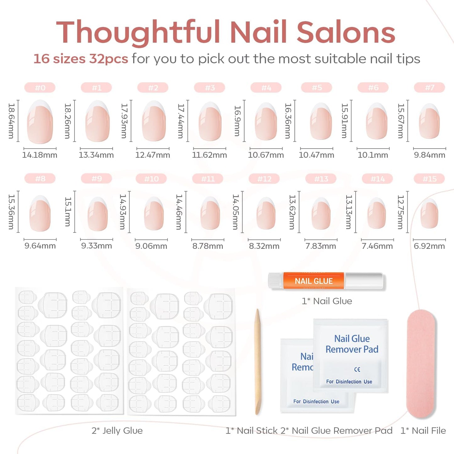 Modelones French Tip Press On Nails, Short Oval Fake Nails Press Ons with Nail Glue, Adhesive Tabs, Nail File, Prep Pad, Manicure Stick, 32Pcs 16 Sizes, Nude, Valentines 🍁 All In One Marketplace Canada