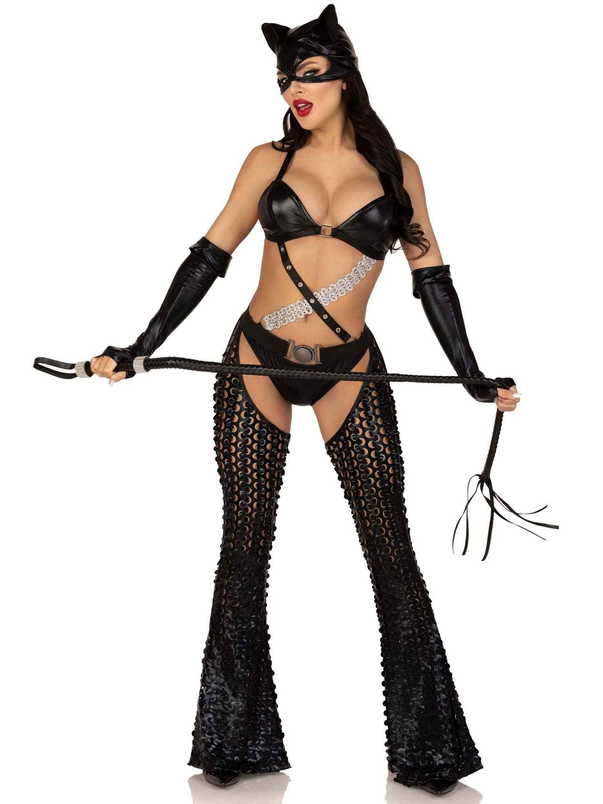 Leg Avenue Women’s 3 PC Mistress Kitty Halloween Costume with Catsuit, SMALL, Black