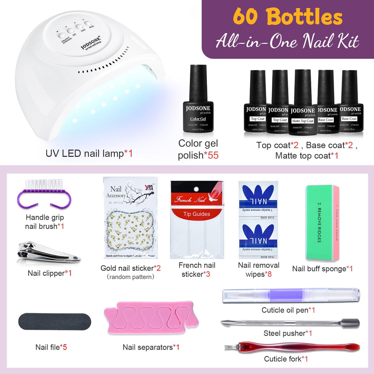 JODSONE 60 PCS Gel Nail Polish Kit with U V Light Base and Matte Glossy Top Coat Nail Gel Polish Soak off Manicure Accessory Tools Suitable for All Seasons 🍁 All In One Marketplace Canada