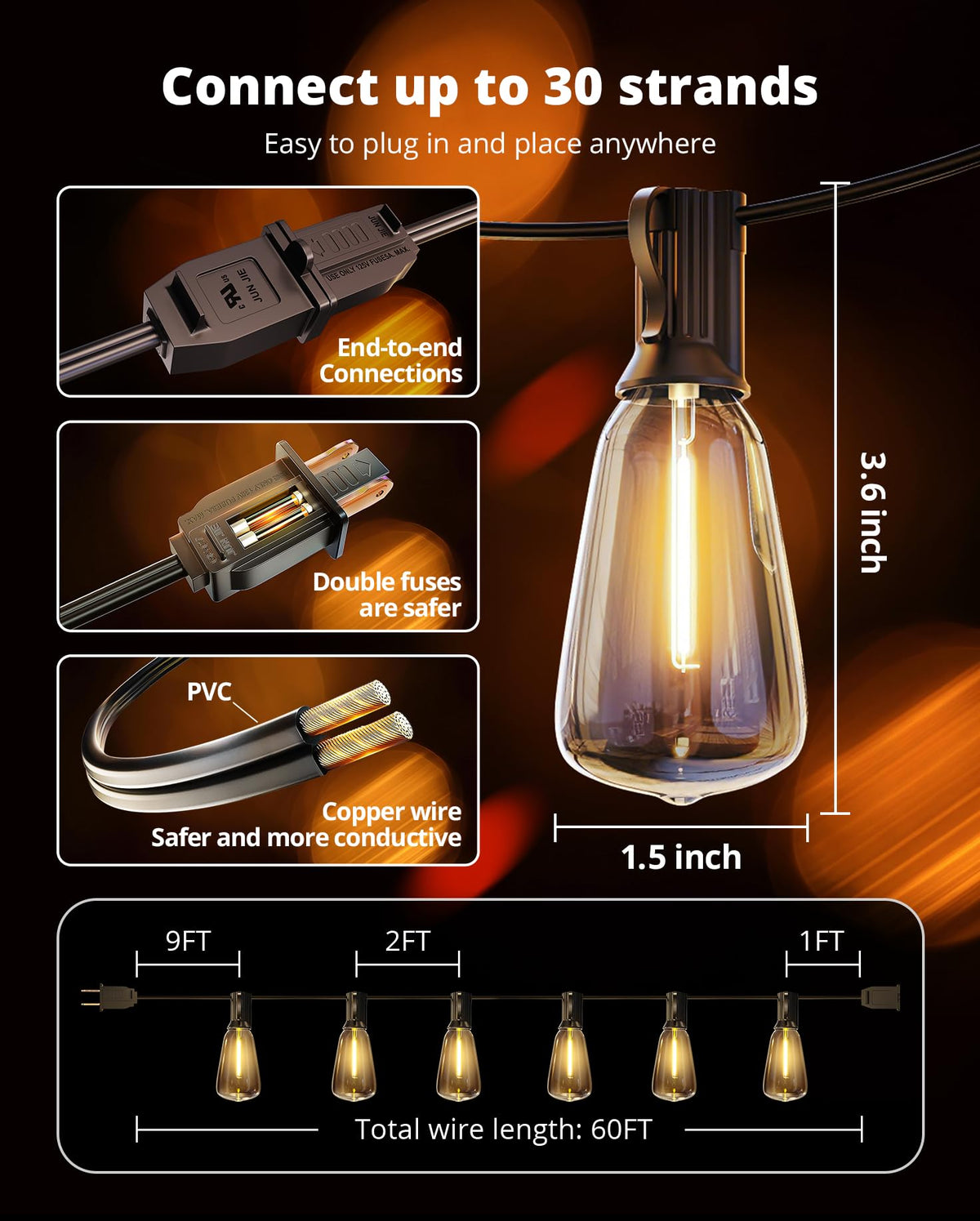 VIPAR Outdoor String Lights 60FT LED Patio Lights Waterproof with 28 Shatterproof ST38 Edison Bulbs Outside Hanging Light Dimmable Connectable for Porch, Deck, Garden, Backyard, Balcony, Decor, 2700K 🍁 All In One Marketplace Canada
