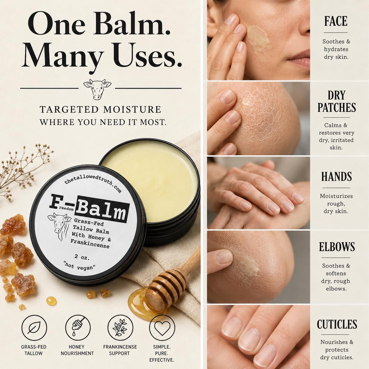 The Tallowed Truth F-Balm - All-In-One Premium Tallow Balm for Face & Body – Grass-Fed, Grass-Finished with Soft Sweet Scent of Honey & Frankincense – 5 Ingredients Only – Made in Canada - 2 oz 🍁 All In One Marketplace Canada