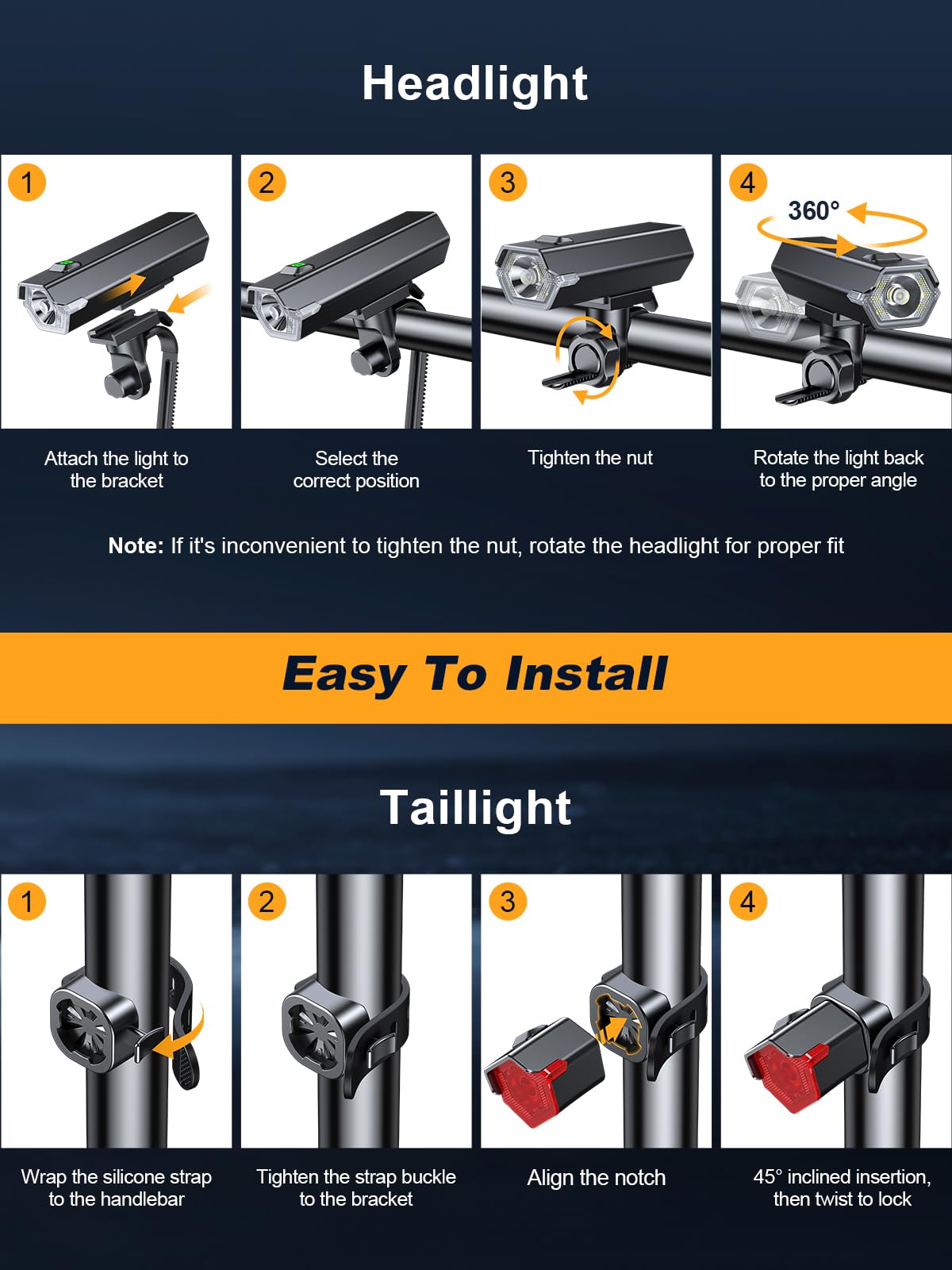 Oldowl Upgraded Bike Lights Super Bright, 4+6 Modes Rechargeable Bike Lights Front and Back with Side Lights, 360°Rotatable Bike Headlight, IP65 Waterproof Bicycle TailLight, Reflectors Accessories 🍁 All In One Marketplace Canada
