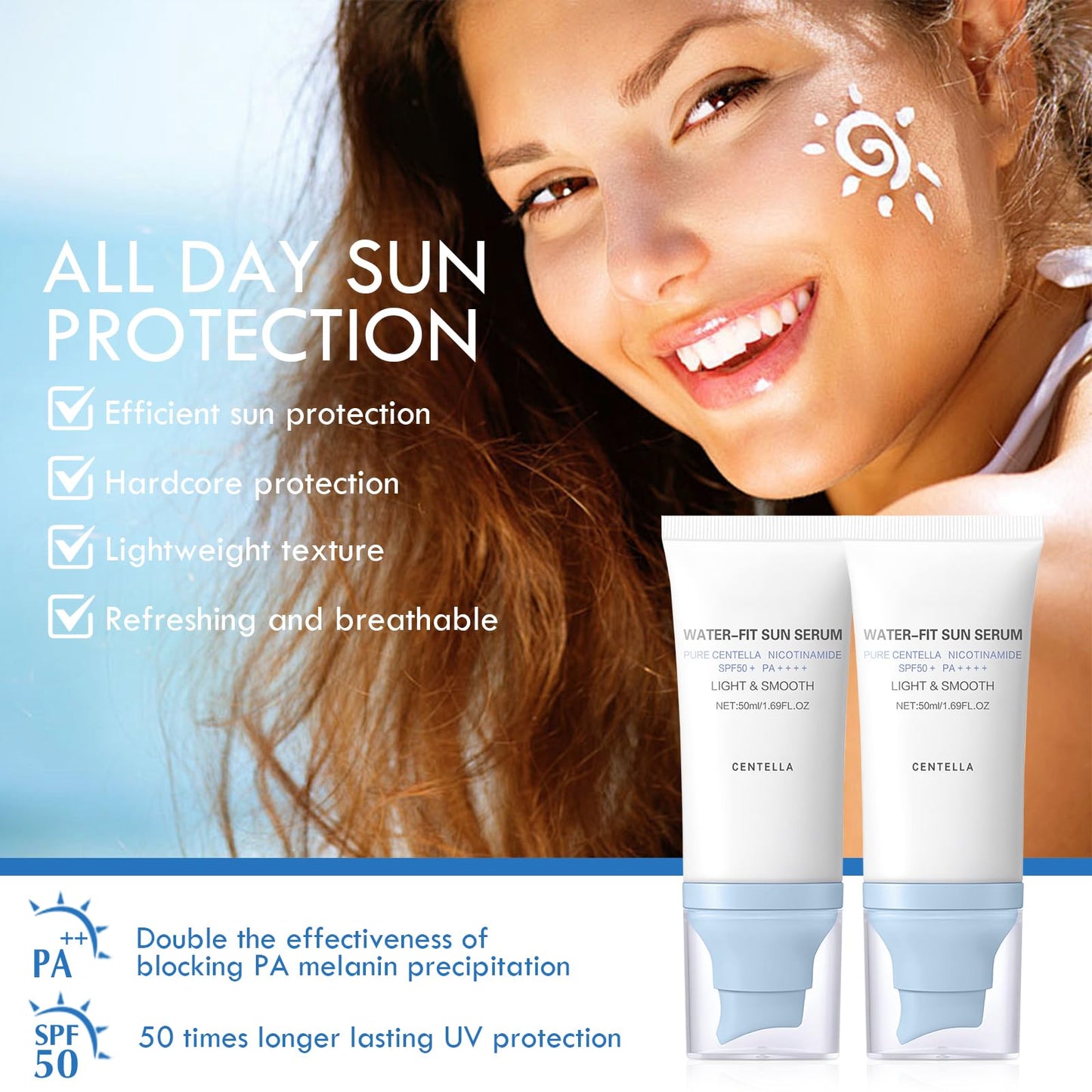 2PCS Centella Sunscreen SPF 50, 50ML 𝑴𝒂𝒅𝒂𝒈𝒂𝒔𝒄𝒂𝒓 Sunscreen Face Serum, Daily UV Defense Sunblock Summer Korean Sunscreen for Face, Travel Essentials for All Skin (White) 🍁 All In One Marketplace Canada