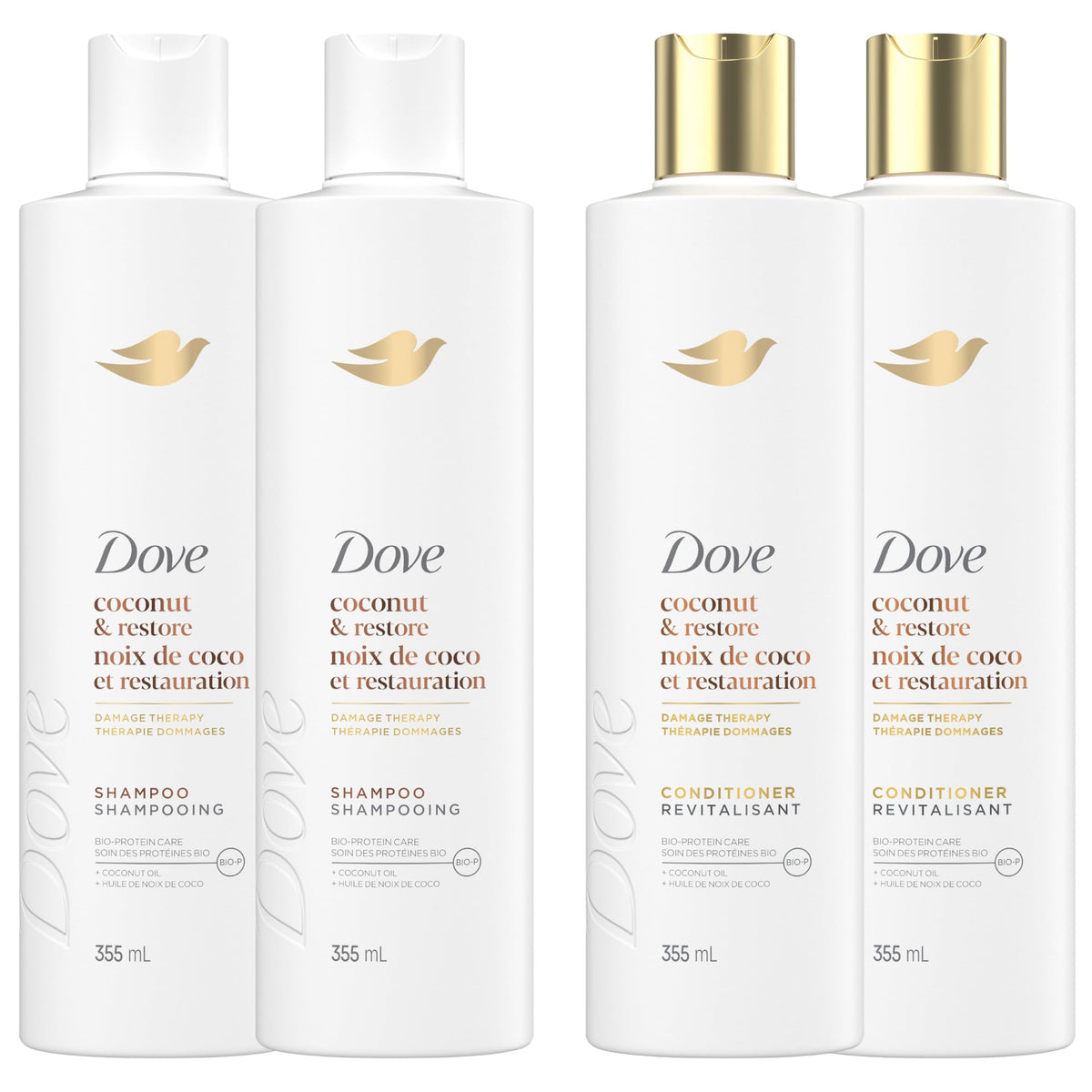 Dove Coconut Restore Shampoo & Conditioner for Damaged Hair, with Liquid Bio-Protein Care, 355 ML (2 Shampoo + 2 Conditioner) 🍁 All In One Marketplace Canada