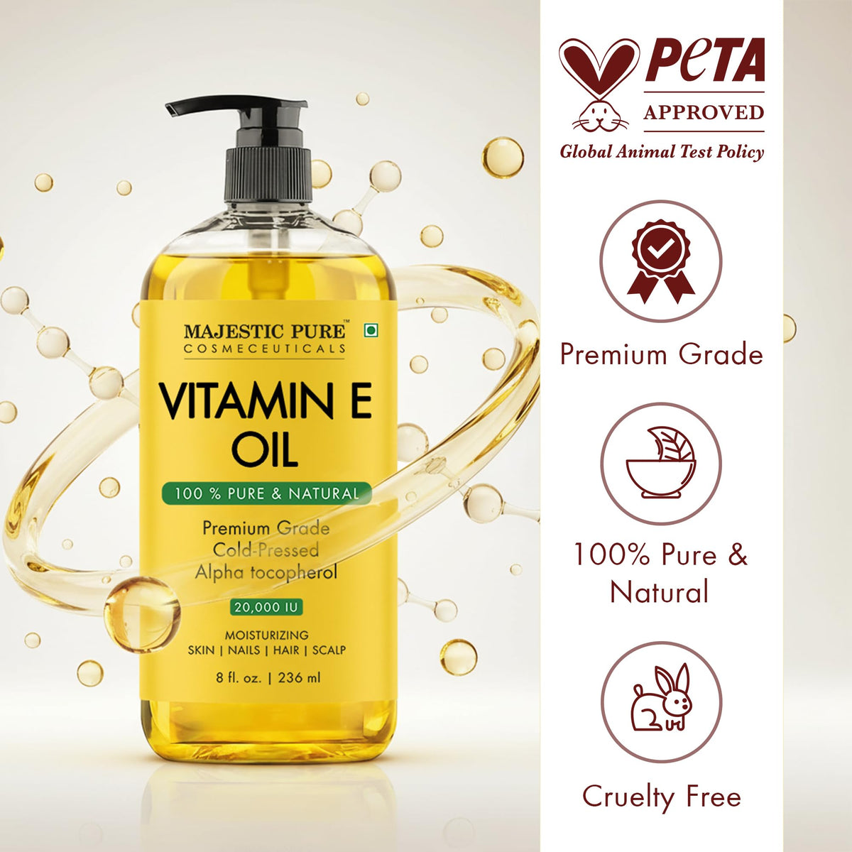 Majestic Pure Vitamin E Oil - 100% Pure & Natural, 20,000 IU | Premium Grade, Cold-Pressed and Tocopherol to Repair Dry, Damaged Skin| Moisturizing Skin, Hair and Scalp 8 Fl Oz 🍁 All In One Marketplace Canada