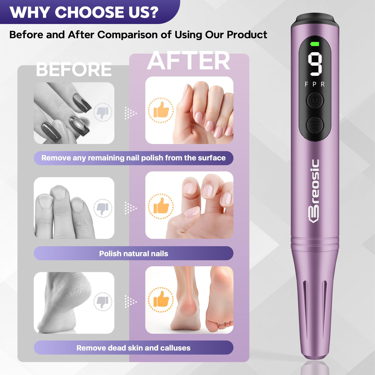 Breosic Electric Nail Drill 35000RPM,12-in-1 Nail File Portable USB-Rechargeable Cordless Nail Drill Professional with 9-Speed & LED Display Manicure Pedicure Nail Kits for Acrylic & Gel Nails(Purple) 🍁 All In One Marketplace Canada