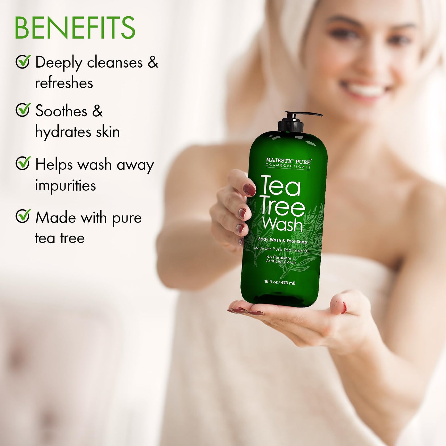 MAJESTIC PURE Tea Tree Body Wash with Collagen - Helps Nail Fungus, Athletes Foot, Ringworms, Jock Itch, Acne, Eczema & Body Odor - Soothes Itching - (Packaging May Vary), 16 fl oz 🍁 All In One Marketplace Canada