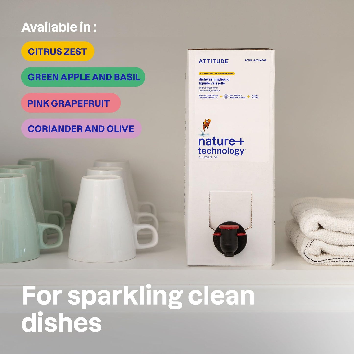 ATTITUDE Dish Soap Refill, EWG Verified, Plant-Based & Vegan Dishwashing Liquid, Naturally Derived, Made in Canada, Citrus Zest Scent, 4 Liters 🍁 All In One Marketplace Canada