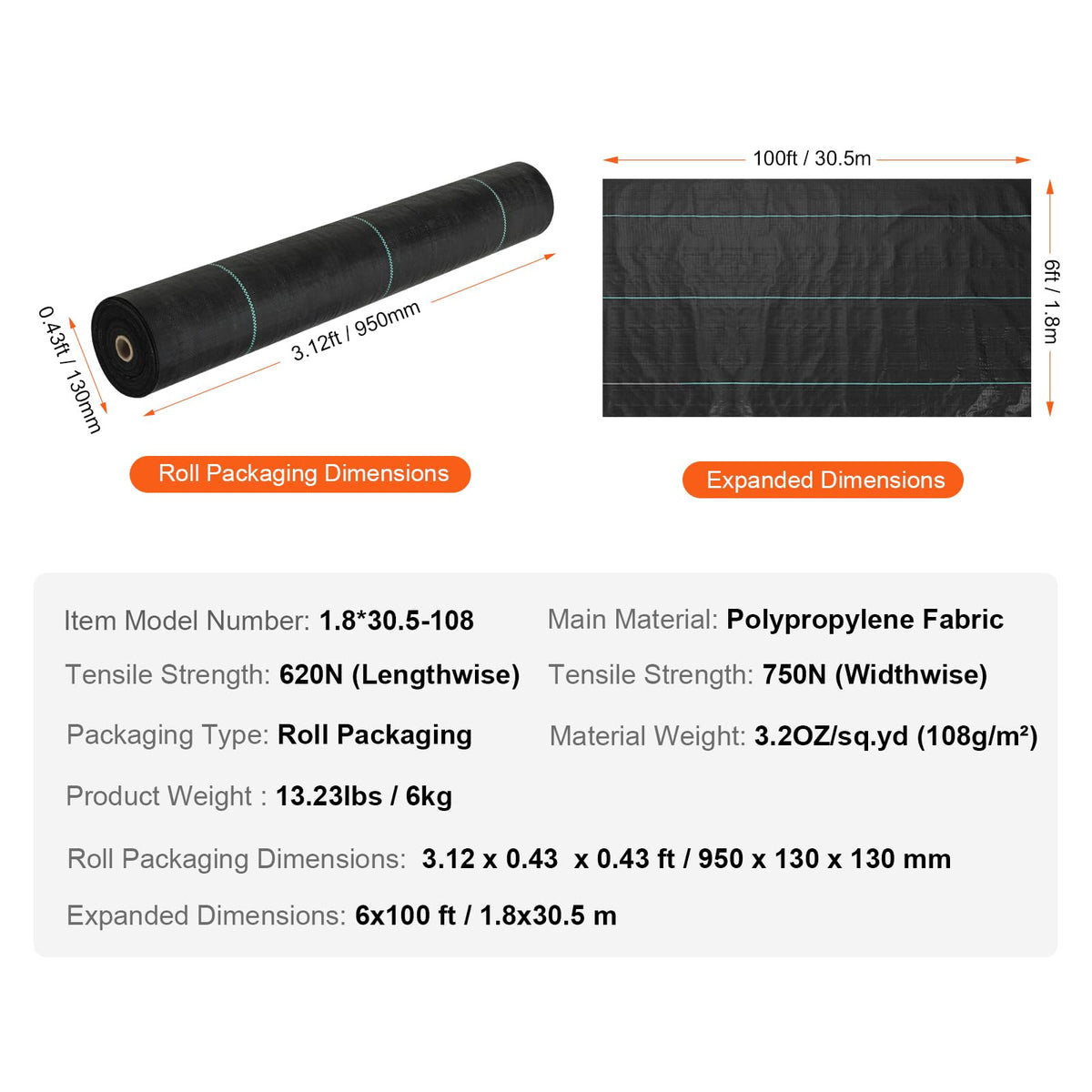 VEVOR Weed Barrier Landscape Fabric, 6*100FT Heavy Duty Garden Weed Fabric, Woven PP Weed Control Fabric, Driveway Fabric, Geotextile Fabric for Landscaping, Ground Cover, Weed Blocker Weed Mat, Black 🍁 All In One Marketplace Canada