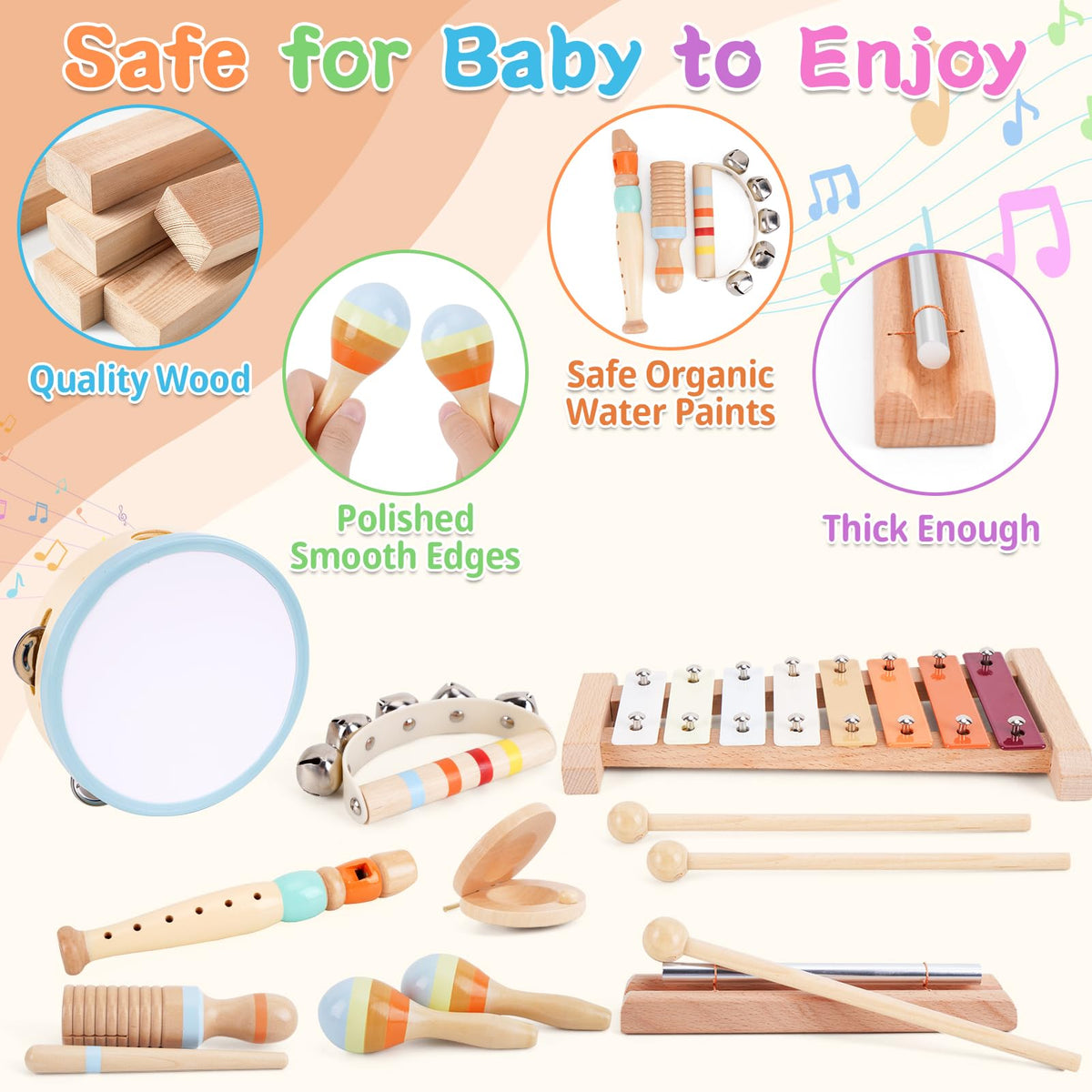 Wooden Musical Instruments for Toddlers 1-3 - Montessori Educational Toys for 1 2 3 Year Old Baby Kids, with Xylophone, One 1st 2st Christmas Birthday Gifts for Girls Boys 🍁 All In One Marketplace Canada