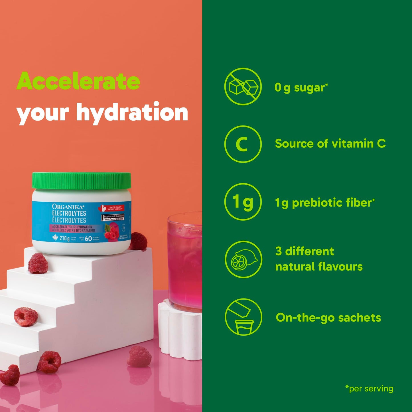 Organika Canadian-Made Electrolytes Powder with Vitamin C & Prebiotic Fibre - Sugar-Free Hydration Drink Mix - Wild Raspberry - 210 g - 60 servings 🍁 All In One Marketplace Canada
