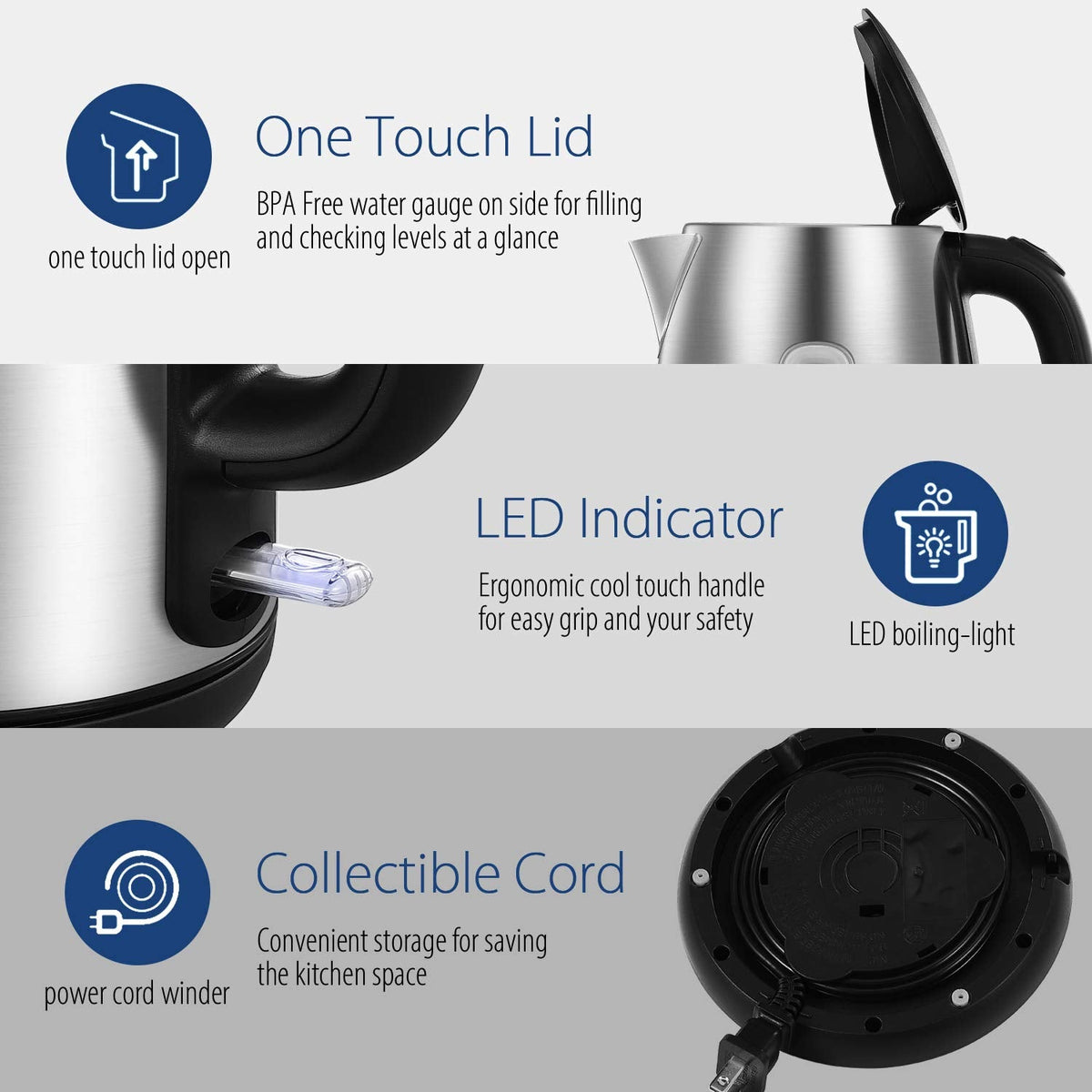 COMFEE' Stainless Steel Electric Kettle, 1.7L Tea Kettle Electric for Boiling Water, Hot Water Kettle 1500W Fast Boil with LED Light, Auto Shut-Off and Boil-Dry Protection 🍁 All In One Marketplace Canada