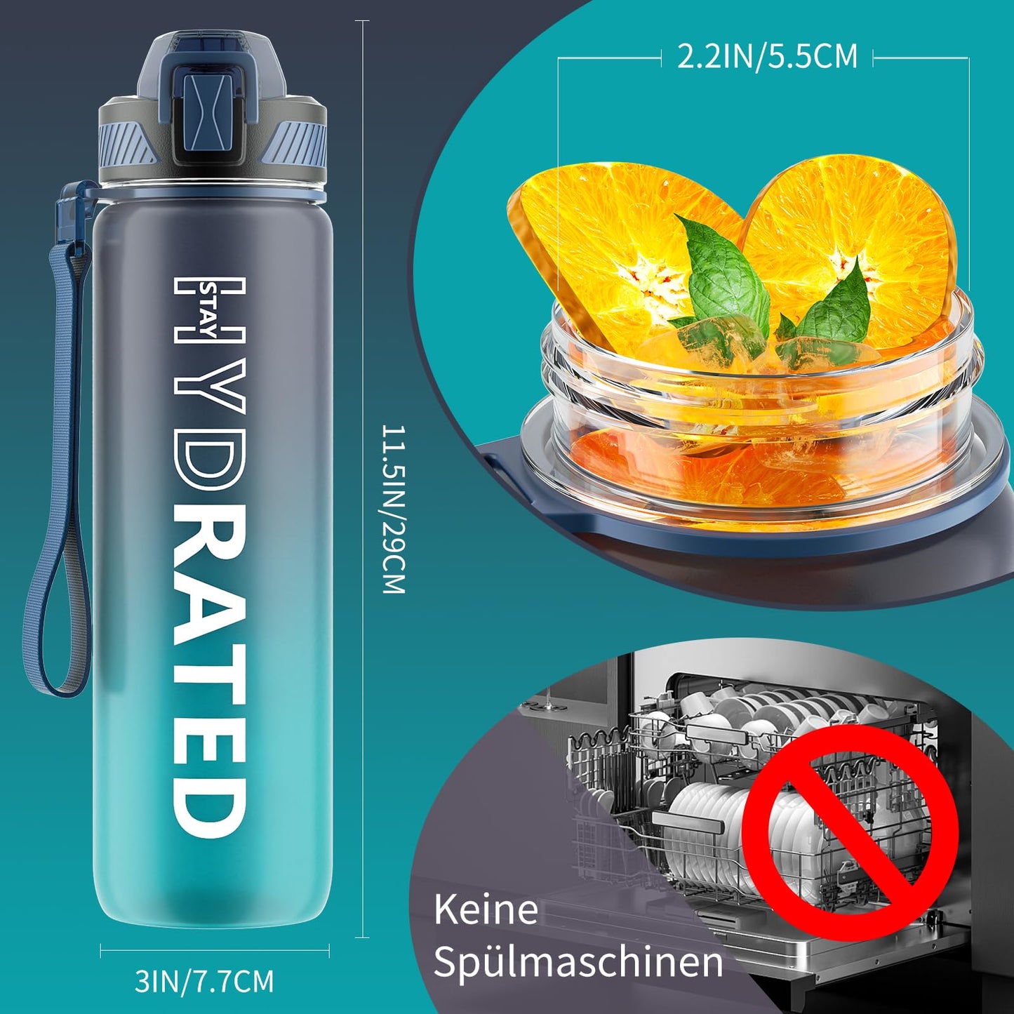 QLUR Water Bottle with Straw, 32oz Sports Motivational Water Bottle with Time Markings to Drink & Carry Strap & Clean Brush, 1L, Tritan, BPA Free, LeakProof for Women Men Gym Fitness Outdoor (1 Pack) 🍁 All In One Marketplace Canada