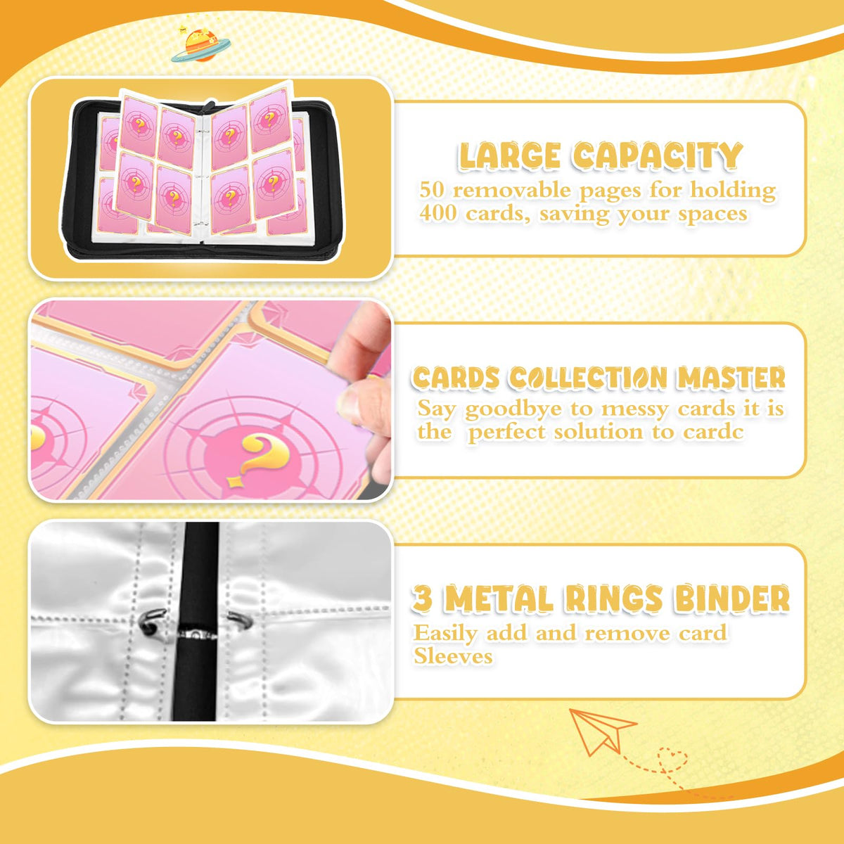 Trading Card Binder, 400 Pocket Cards Holder, 50 Double Sided Removable Pages, Portable Cards Album Holder Card Collection Xmas Gifts for Kids Stocking Stuffers, Yellow 🍁 All In One Marketplace Canada