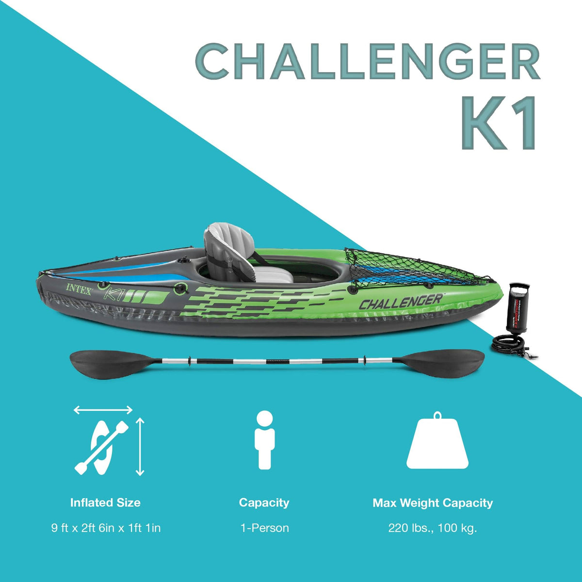 INTEX 68305EP Challenger K1 Inflatable Kayak Set: Includes Deluxe 86in Aluminum Oar and High-Output Pump – Adjustable Seat with Backrest – Removable Skeg – 1-Person – 220lb Weight Capacity 🍁 All In One Marketplace Canada