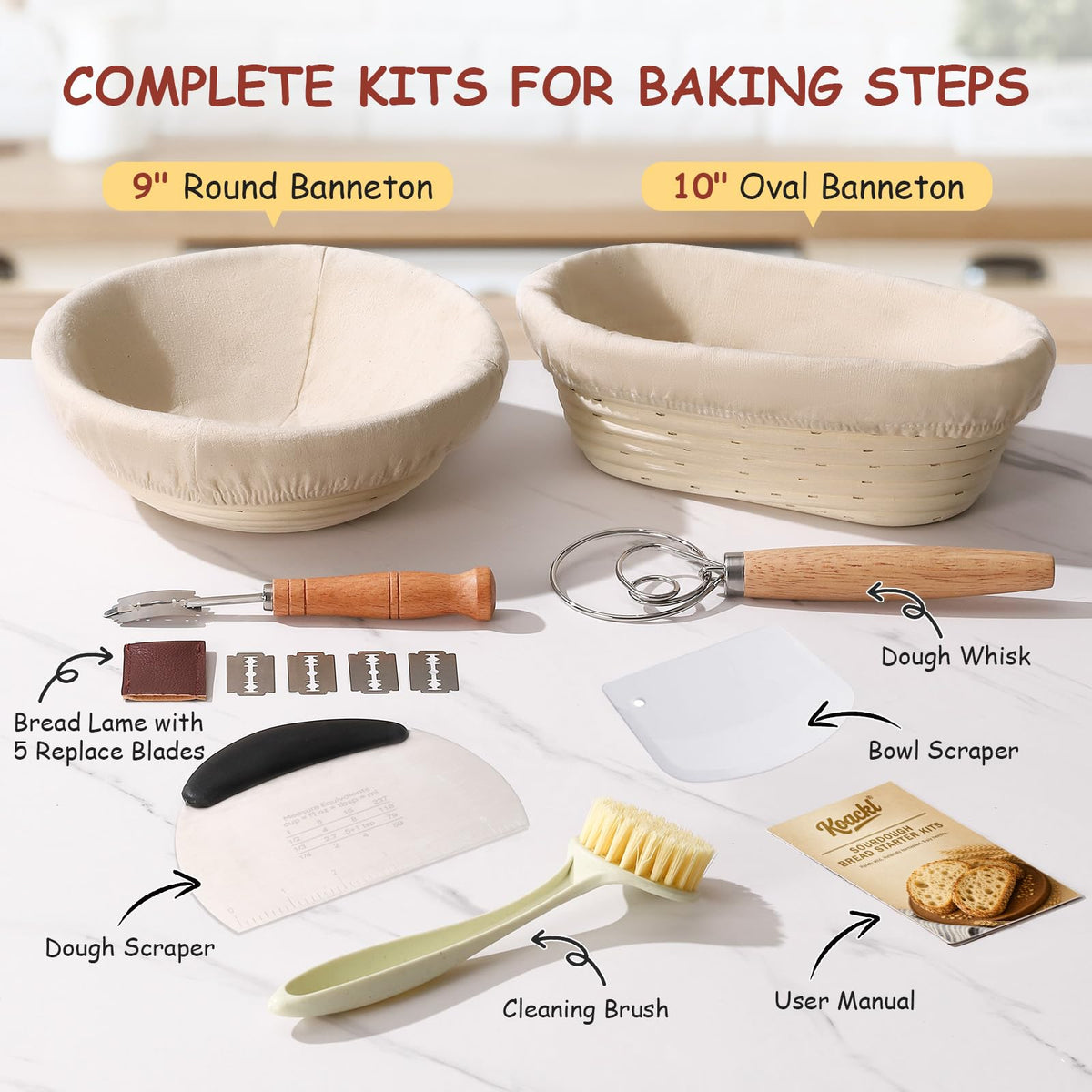 KOACKL Sourdough Bread Starter Kits, Banneton Sourdough Bread Making Tools Kit, Banneton Proofing Basket Making Bread Basket Baking for Baking Dough with Rising Pattern (Round and Oval) 🍁 All In One Marketplace Canada