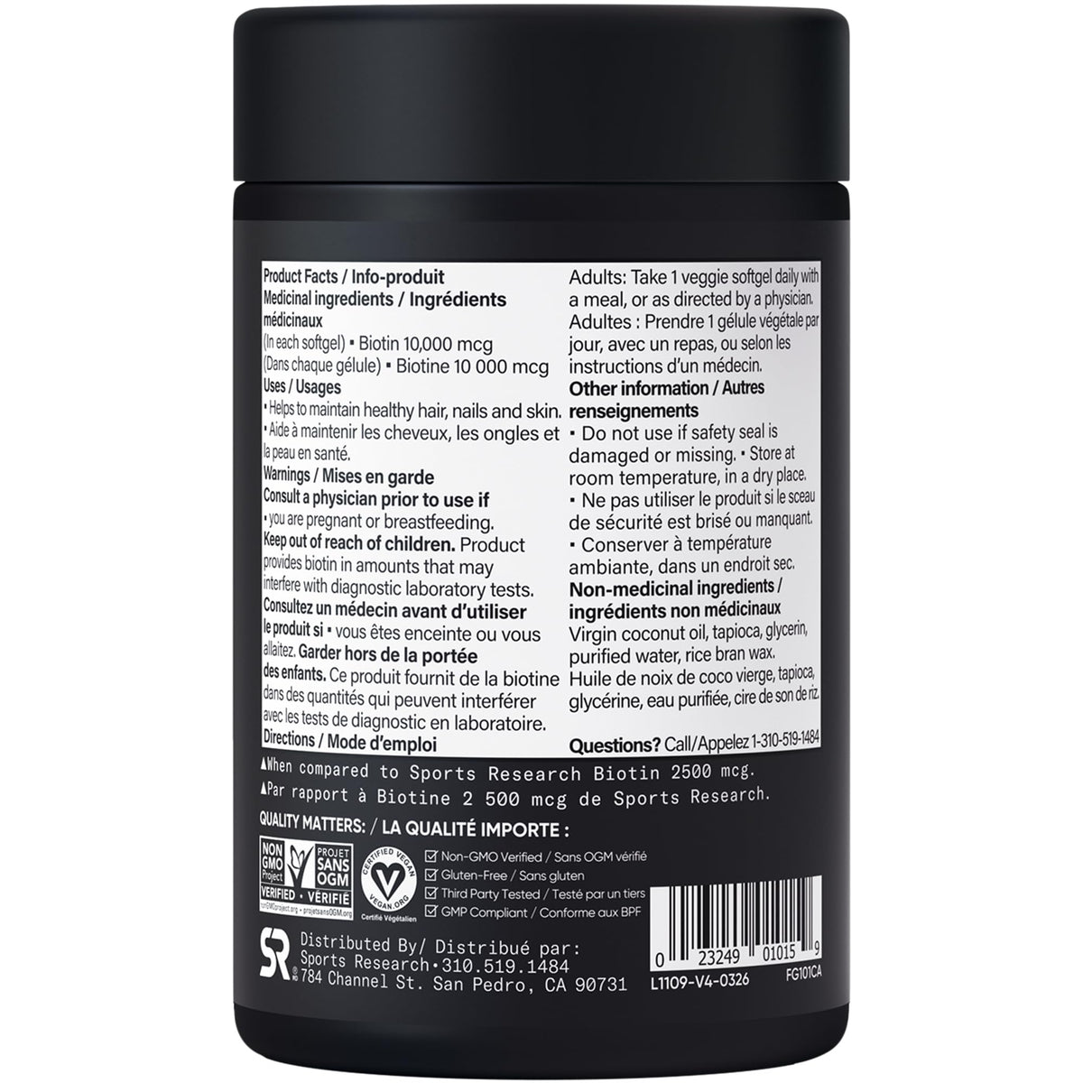 Sports Research® Max Strength Vegan Biotin 10,000mcg with Organic Coconut Oil - Helps to Maintain Healthy Hair, Nails and Skin - Great for Women & Men - 120 Veggie Softgels 🍁 All In One Marketplace Canada
