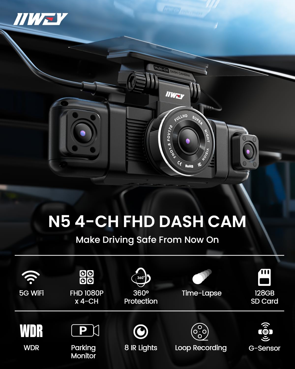 IIWEY N5 4 Channel Dash Cam, 360° All-Sides View, FHD 1080P Front and Rear Inside, Left Right Dash Camera for Cars, 8 IR Lamps, 5G WiFi & APP Control, 24H Parking Mode, G-Sensor, with a 128GB SD Card 🍁 All In One Marketplace Canada