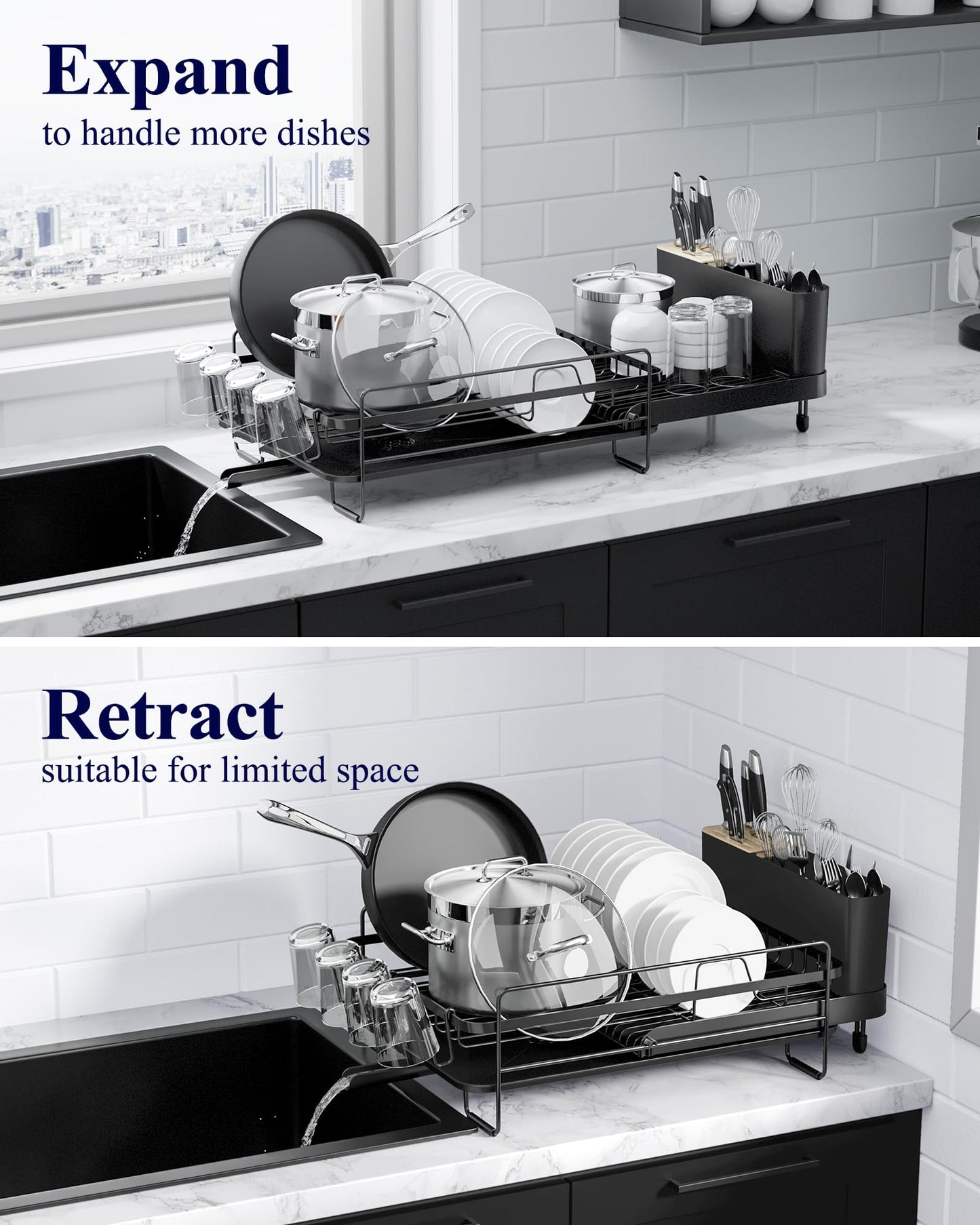 Kitsure Large Dish Drying Rack - Extendable Stainless Steel, Anti-Rust Kitchen Counter Rack with Cutlery & Cup Holders, 67.8 x 32.8 x 15.0cm, Black 🍁 All In One Marketplace Canada