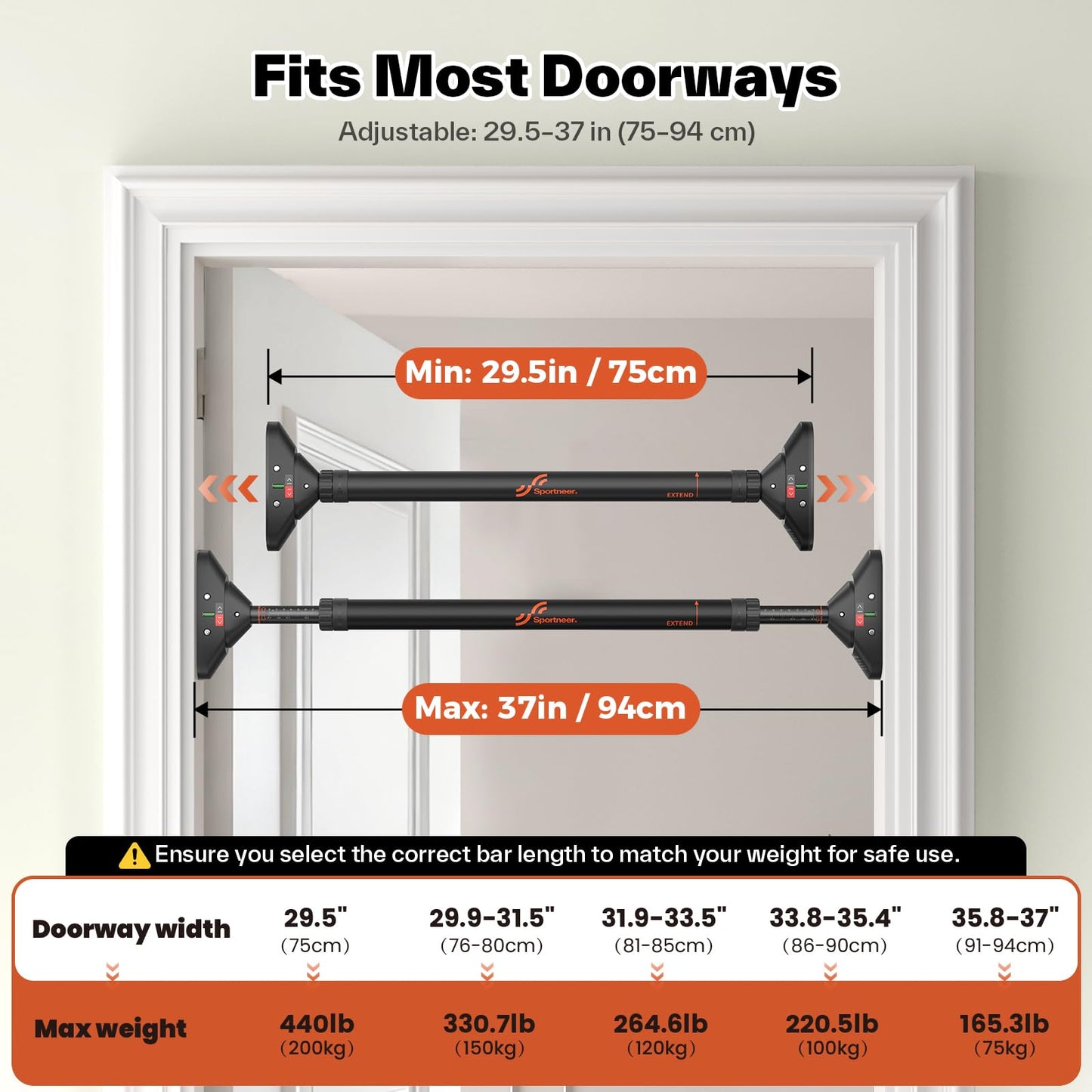 Sportneer Pull Up Bar Doorway Chin Up Bar No Screws Door Frame Chin Up Push Up Sit Up Bar Adjustable 75-94cm (29.5''-37'') Up to 200kg Capacity Workout Bar 🍁 All In One Marketplace Canada