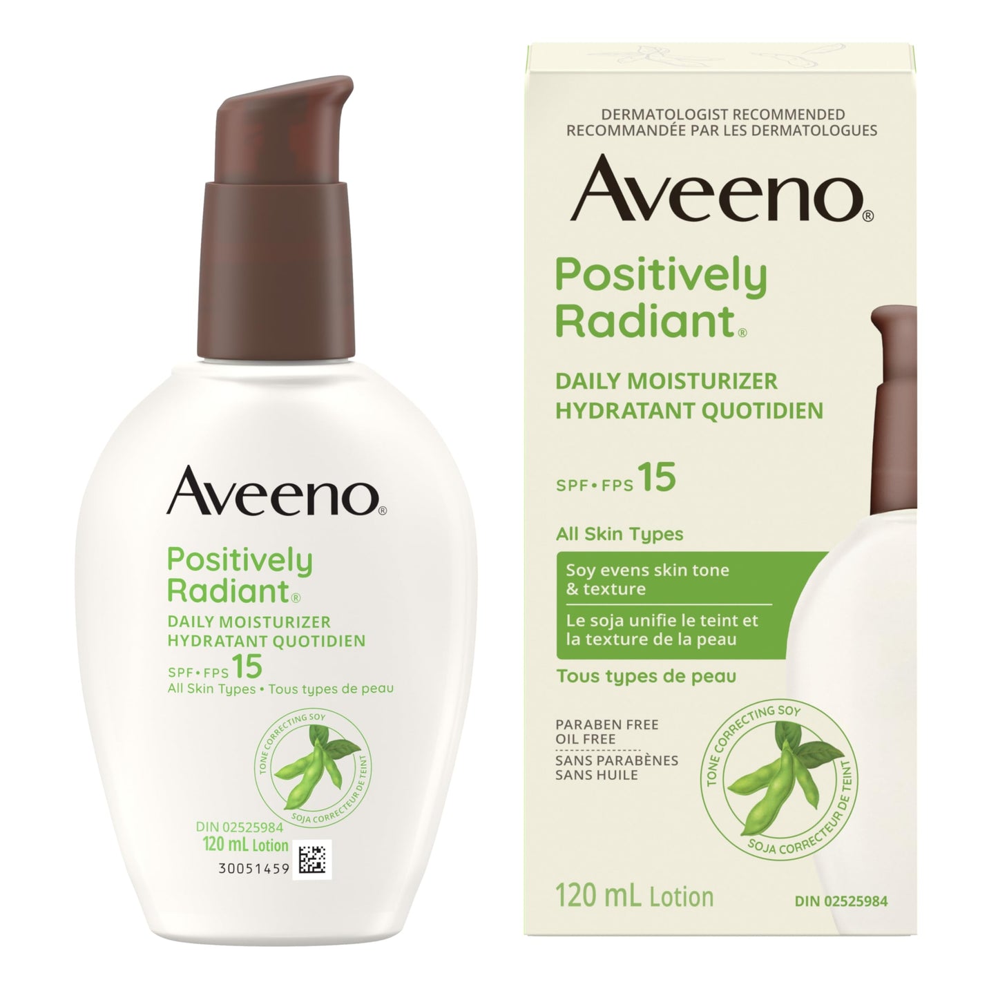 Aveeno Positively Radiant Daily Moisturizer SPF 15 - Face Lotion with Soy Formula for Dry Skin, Hypoallergenic & Oil-Free Lotion, Evens Tone & Texture, Non-Comedogenic Moisturizer for Face 120 mL 🍁 All In One Marketplace Canada
