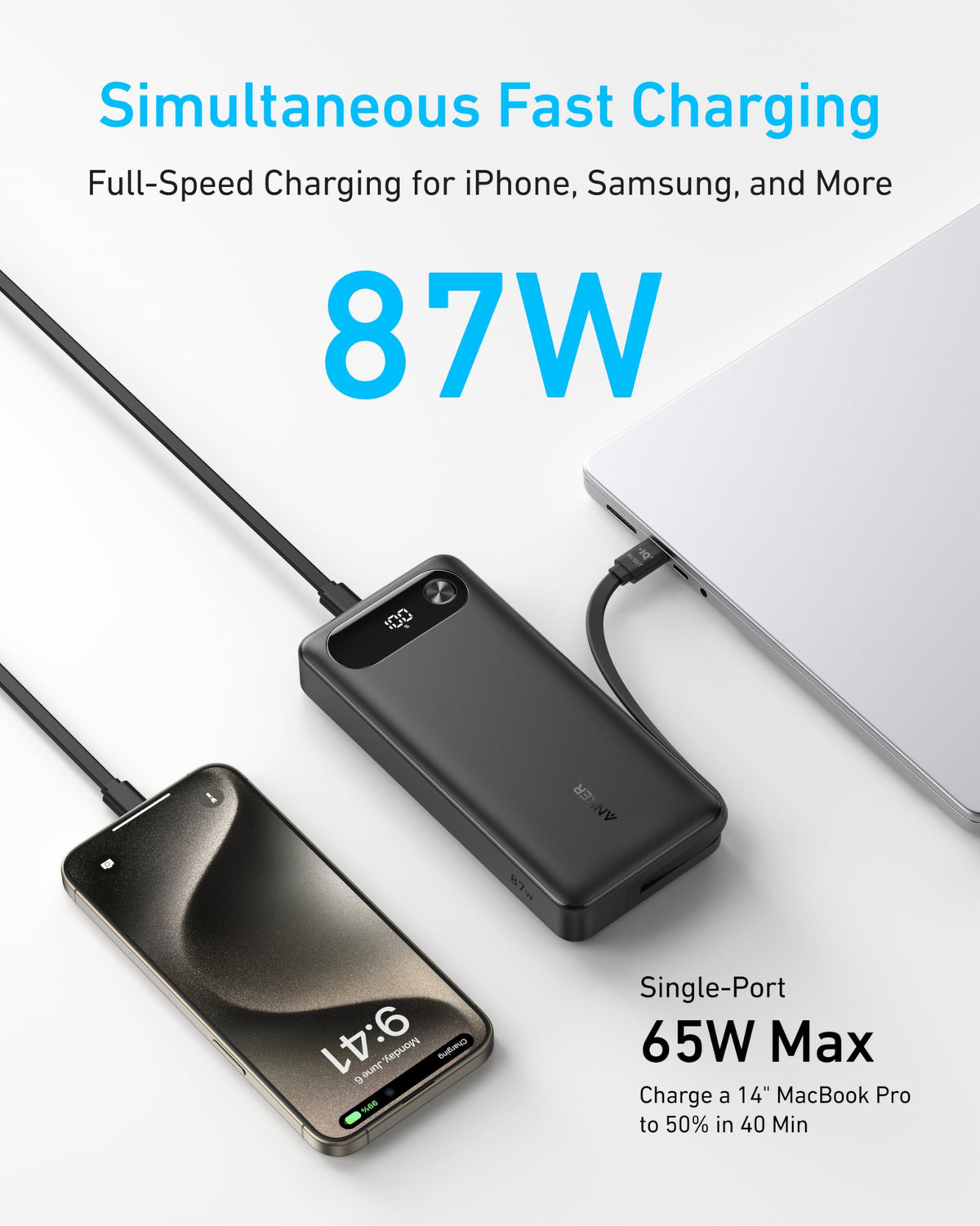 ANKER Power Bank, 20,000mAh Travel Essential Portable Charger with Built-in USB-C Cable, 3-Port 87W Max Fast Charging Battery Pack, for iPhone 17/16/15 Series, Samsung, Switch, and More (Black) 🍁 All In One Marketplace Canada