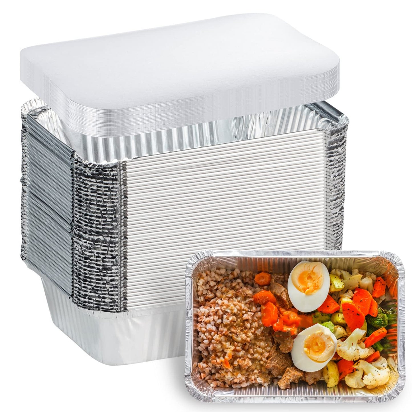 Aluminum Pans with Lids (50-Pack, 8.5"×6") 2.25 LB Capacity Foil Food Containers with Lids - 50 Pans and 50 Cardboard Covers - Disposable Tin Foil Pans - for Baking, Meal Prep and Freezer, Takeout 🍁 All In One Marketplace Canada