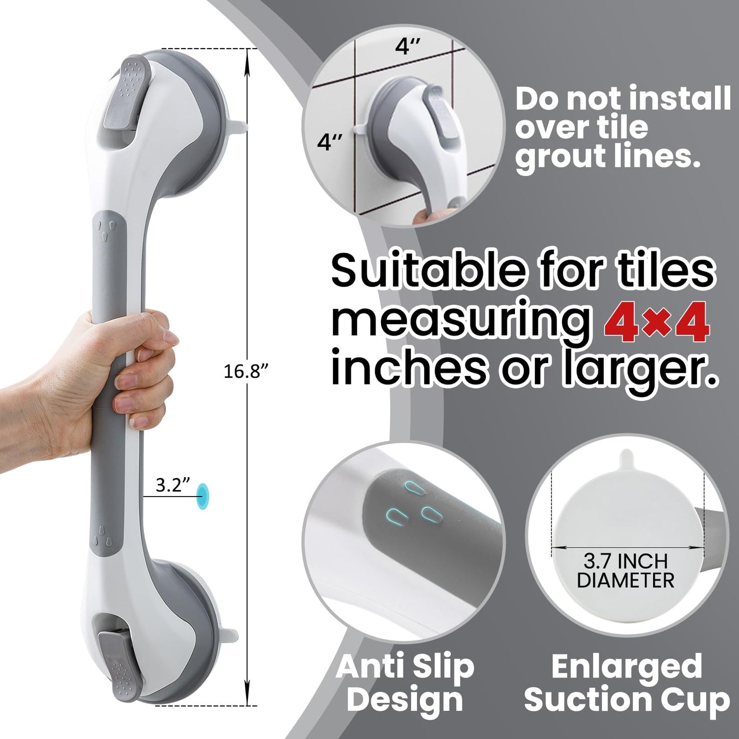 TAILI Shower Suction Cup Grab Bar Bathtubs Handrails for Seniors Elderly, No Drilling Waterproof, Grey, 2 Pack, 16 Inch 🍁 All In One Marketplace Canada