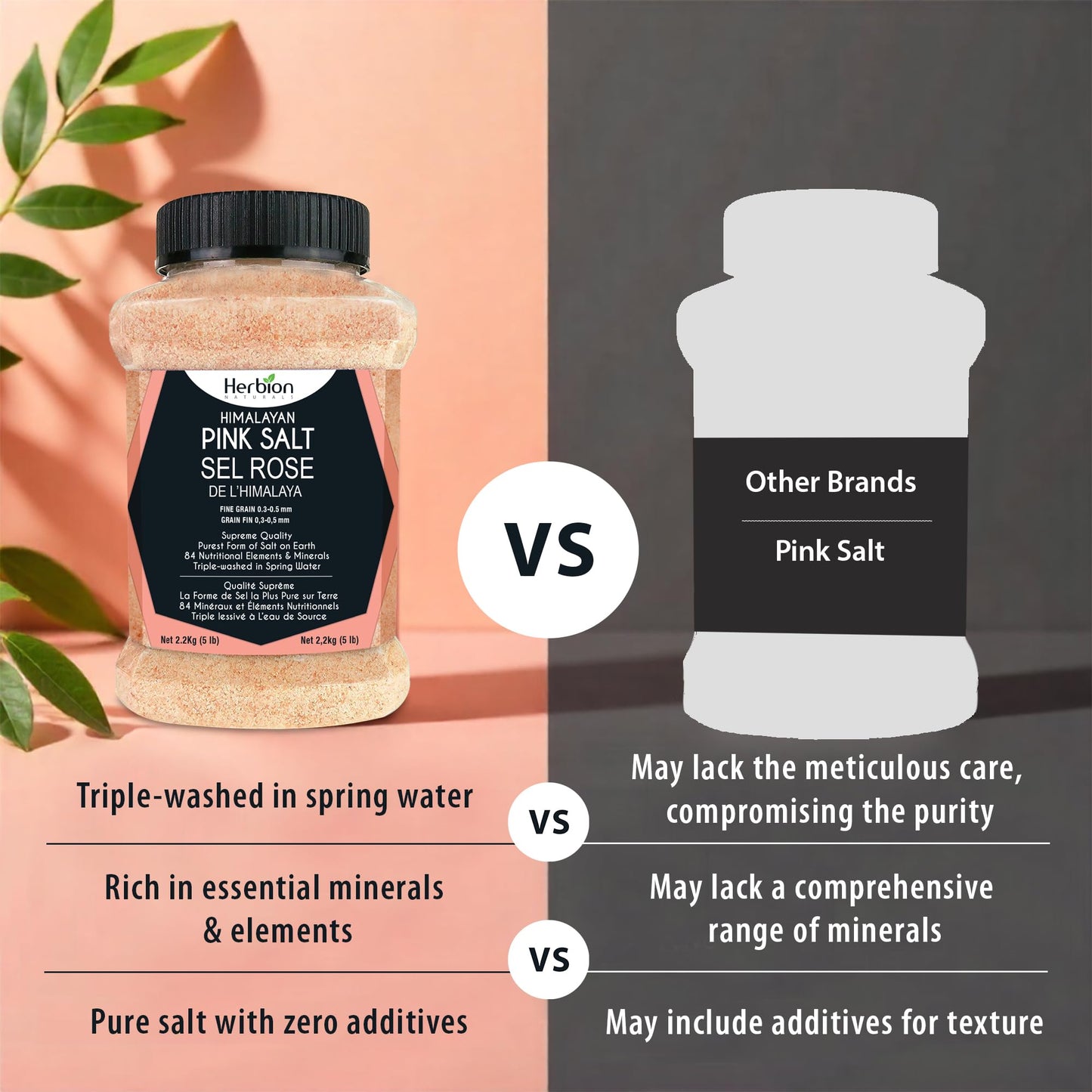 Herbion Naturals Himalayan Pink Salt - Fine Grain - 5 lb. (2.2 Kg) Unbreakable Jar - Kosher Certified - GMO-Free - Vegan - Supreme Quality - Chemical Free 🍁 All In One Marketplace Canada